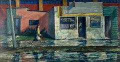 Después de la ducha-Pintura al óleo de escena callejera de mediados de siglo. La América urbana realista.