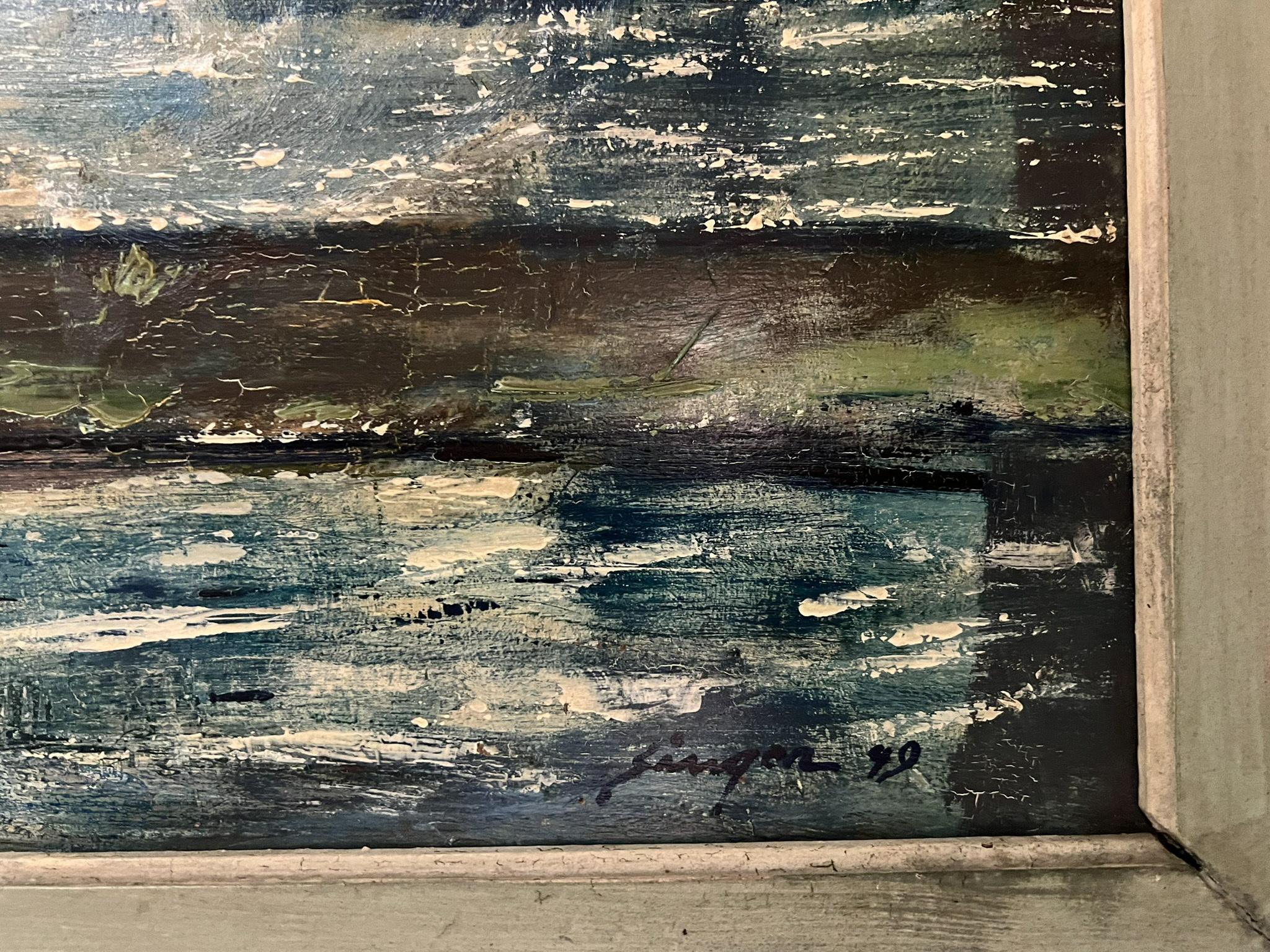 American life is captured in this Clyde Singer painting, After the Shower (1949), where he depicts a woman walking down the street after a storm with her umbrella in hand. An accomplished American Scene painter, Singer successfully captured everyday