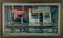After The Shower-Mid-Century Street Scene Oil Painting.  Realist Urban America.