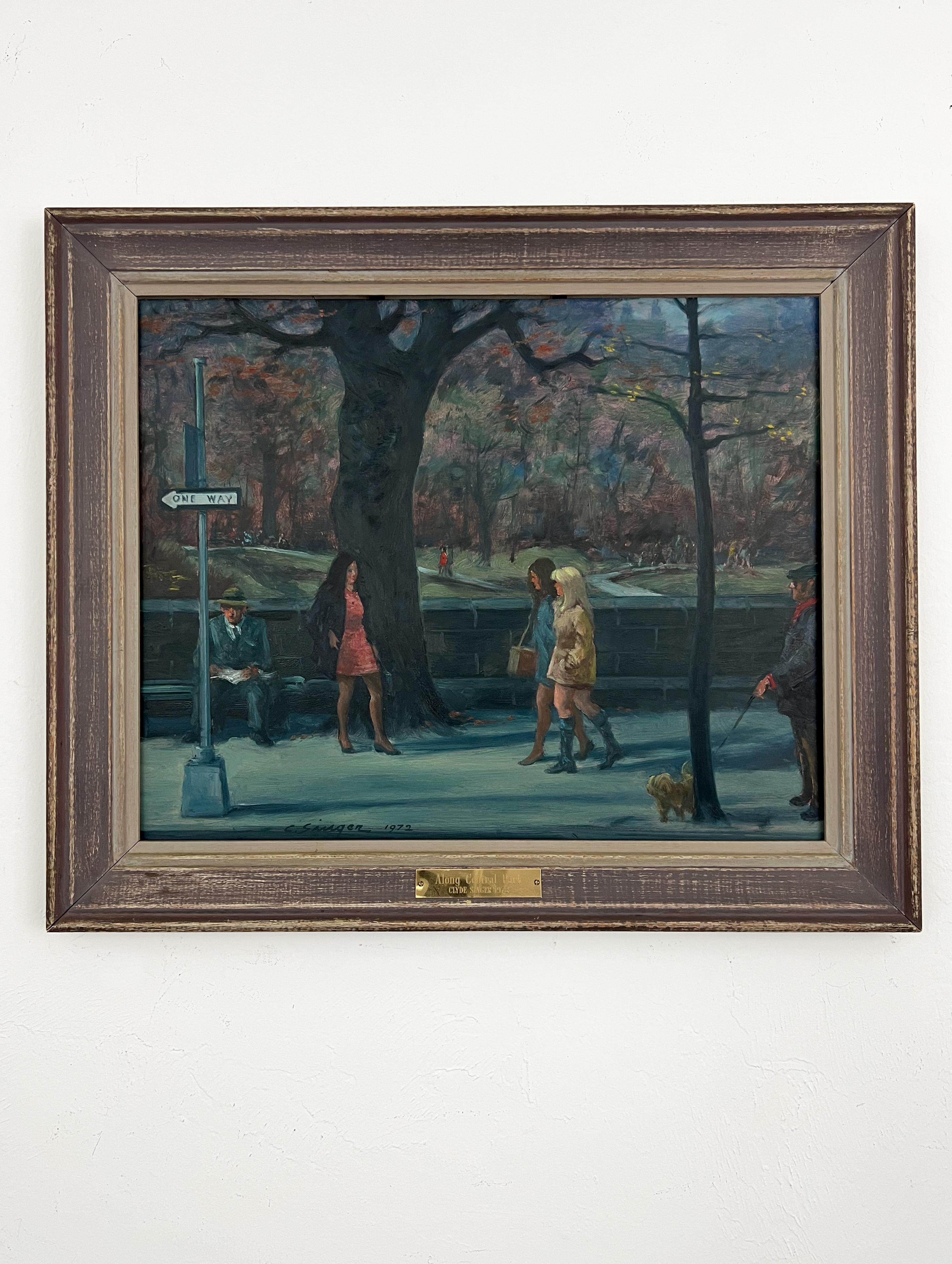 Lungo Central Park. Scena di strada della città di New York Pittura a olio originale. - Painting di Clyde Singer