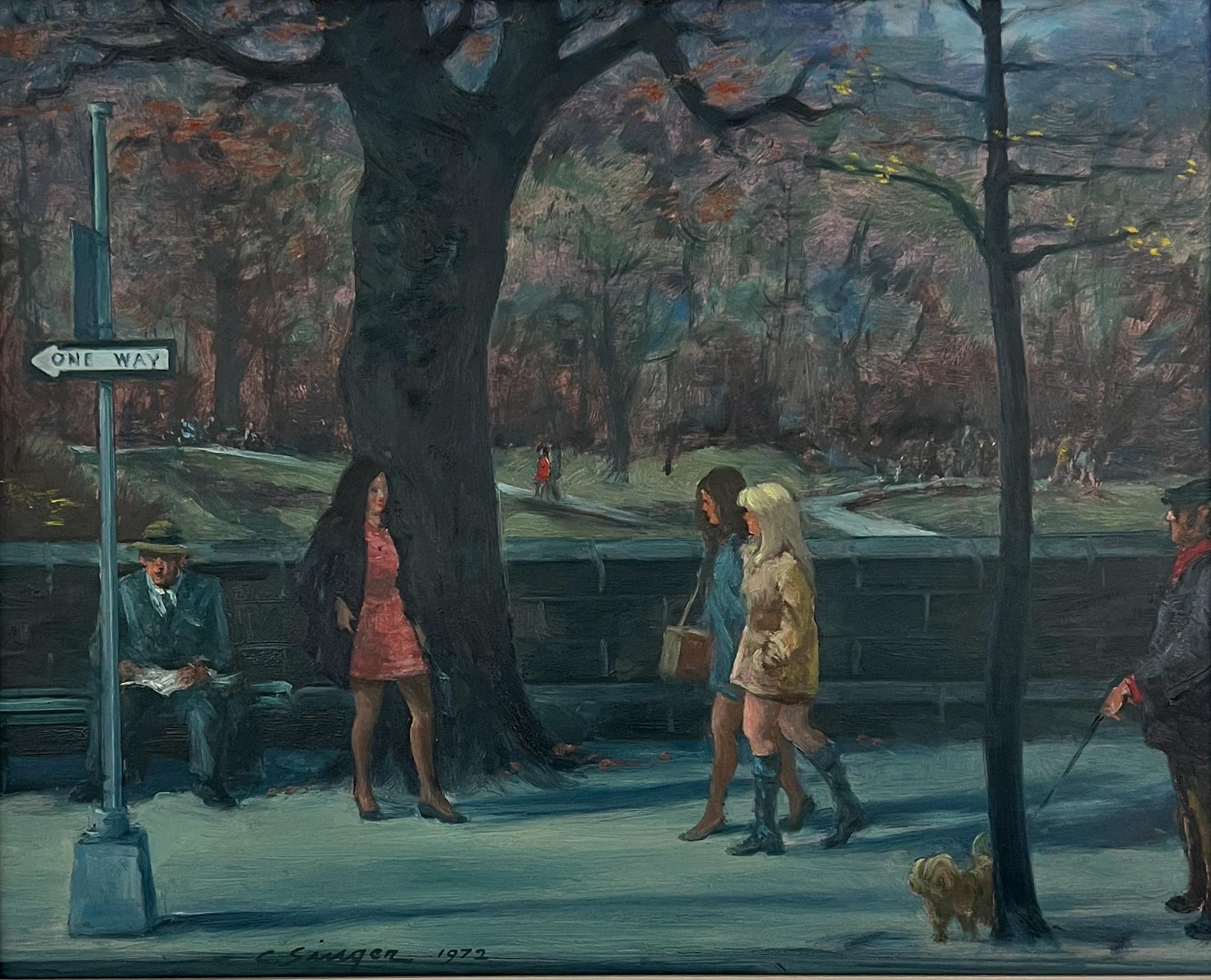 Lungo Central Park. Scena di strada della città di New York Pittura a olio originale. - Painting Realismo americano di Clyde Singer