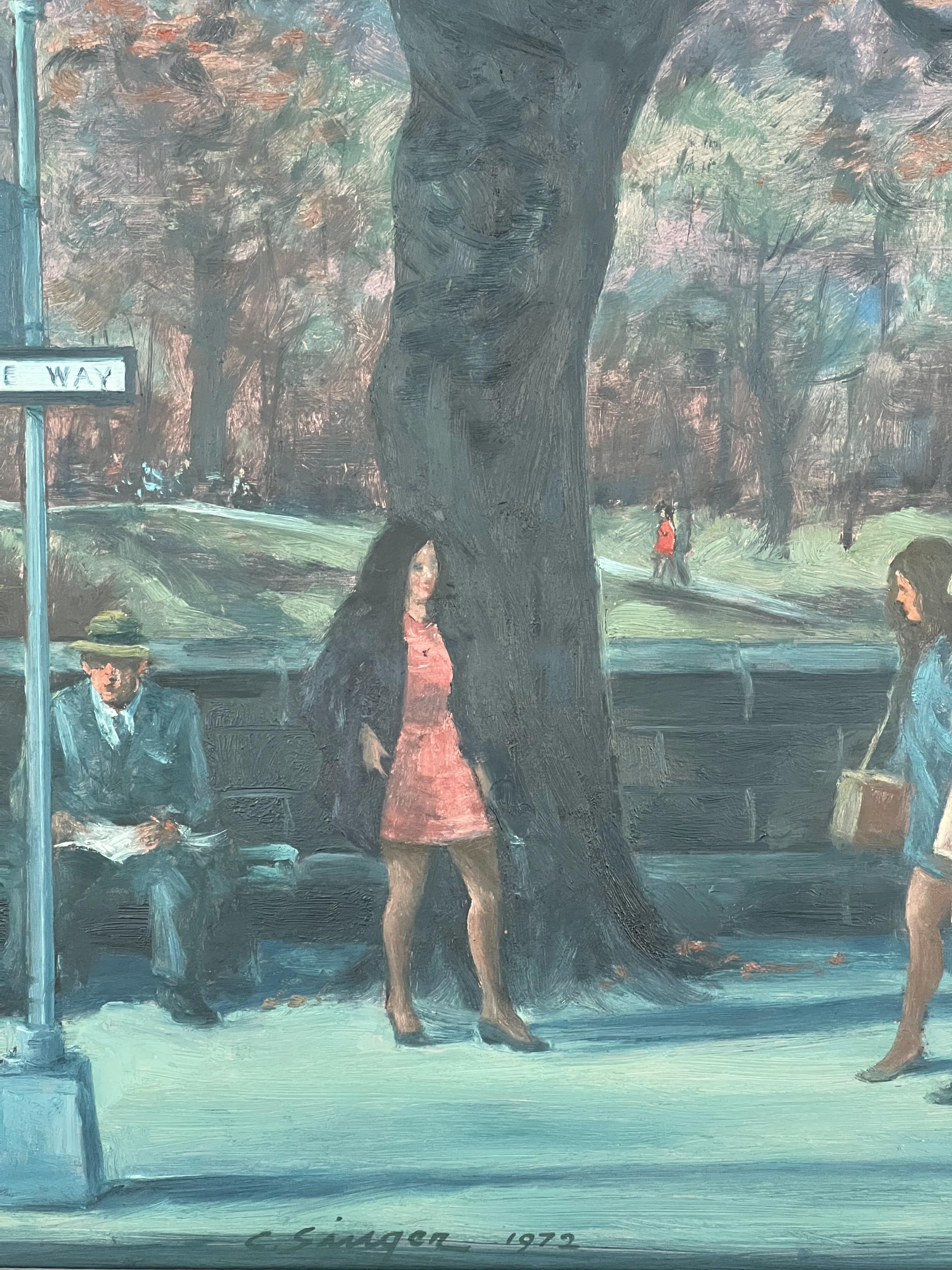 Lungo Central Park. Scena di strada della città di New York Pittura a olio originale. - Landscape Painting Marrone di Clyde Singer