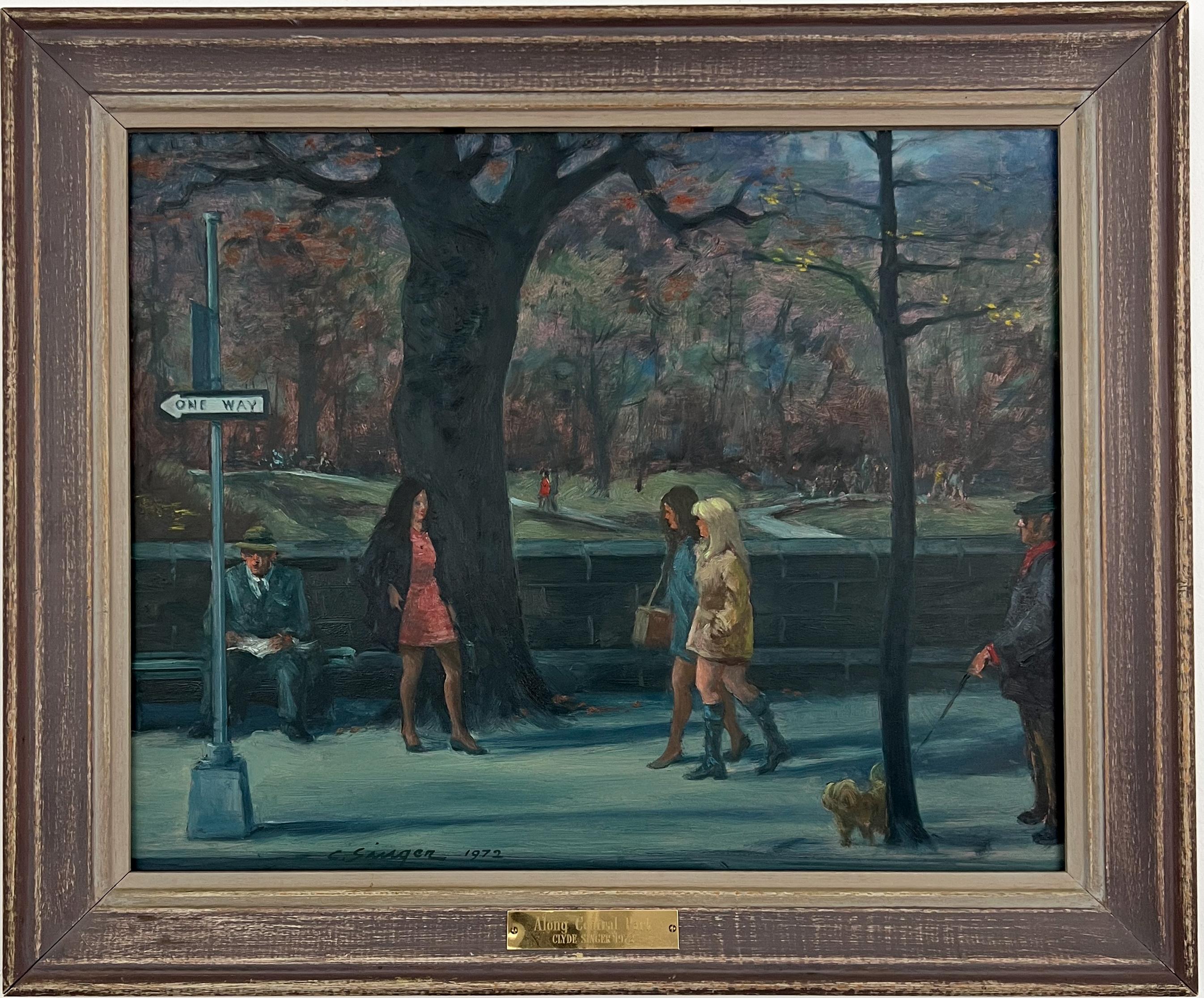 Landscape Painting di Clyde Singer - Lungo Central Park. Scena di strada della città di New York Pittura a olio originale.