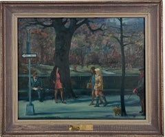 Lungo Central Park. Scena di strada della città di New York Pittura a olio originale.
