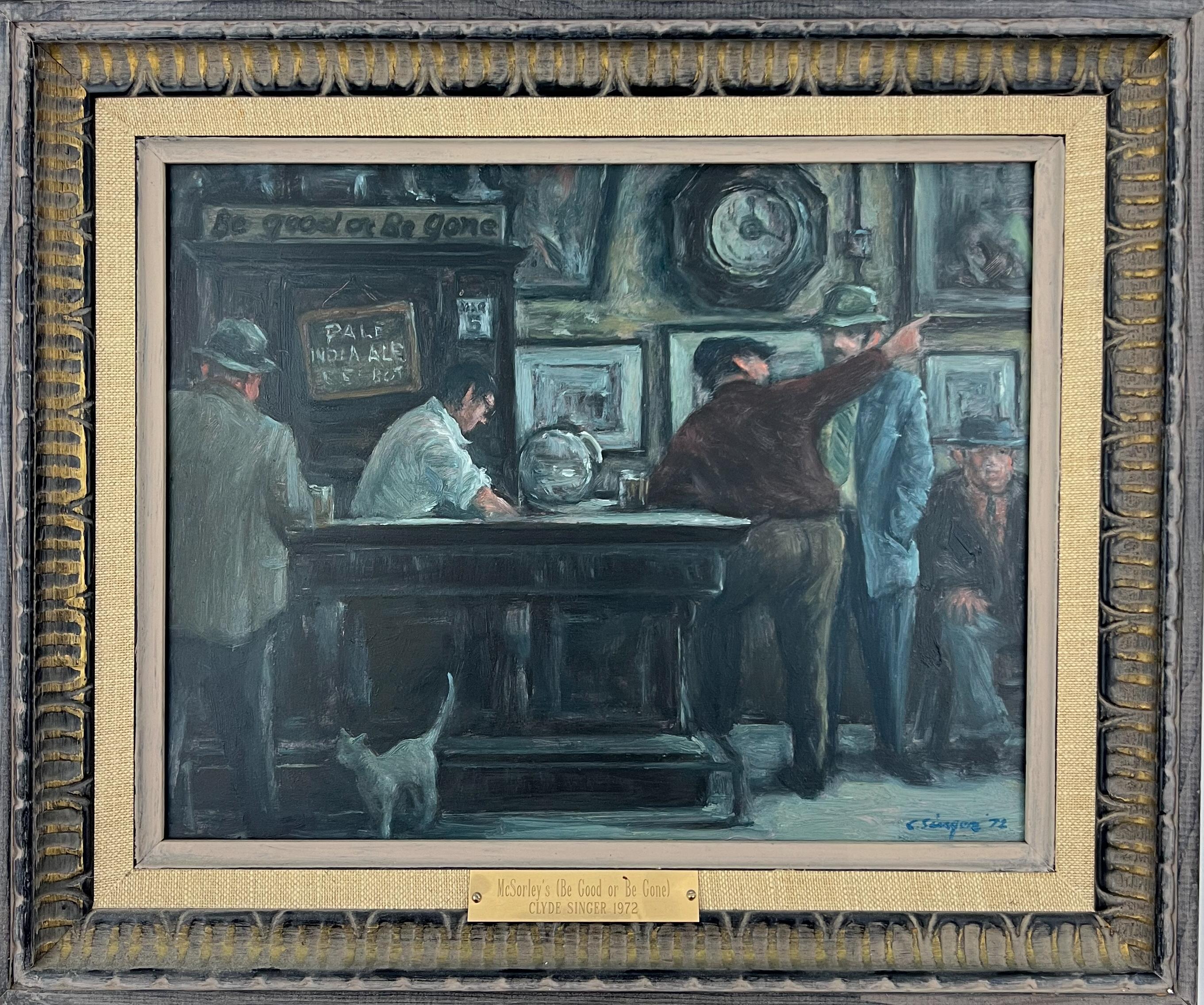 Figurative Painting di Clyde Singer - Sii buono o vattene.  McSorley's Old Ale House, House New York. Scena americana.