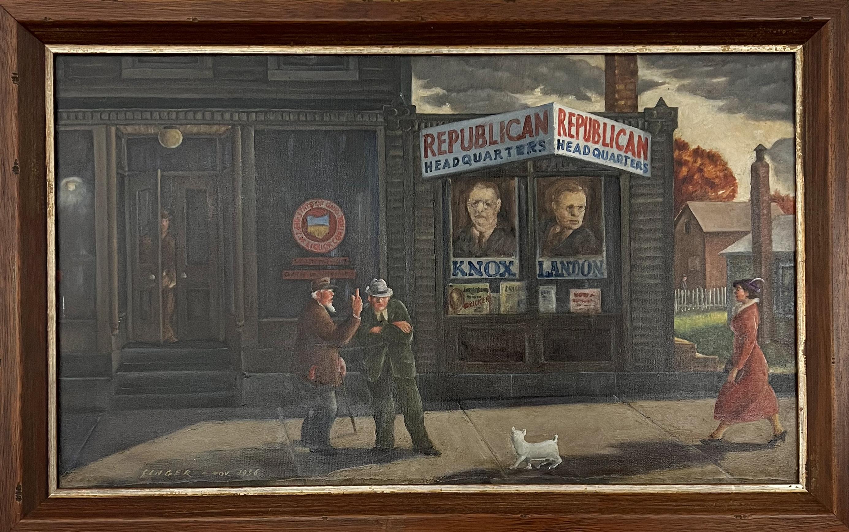 Clyde Singer Landscape Painting - Before the Deluge, Republican Headquarters before Landon lost to Roosevelt.
