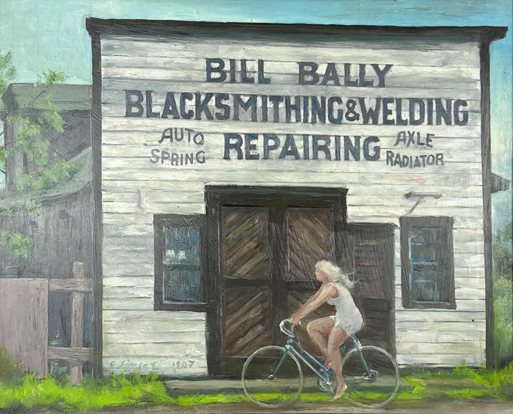 Bill Bally Blacksmithing - Scena americana.  Bicicletta Americana Minnesota - Painting di Clyde Singer