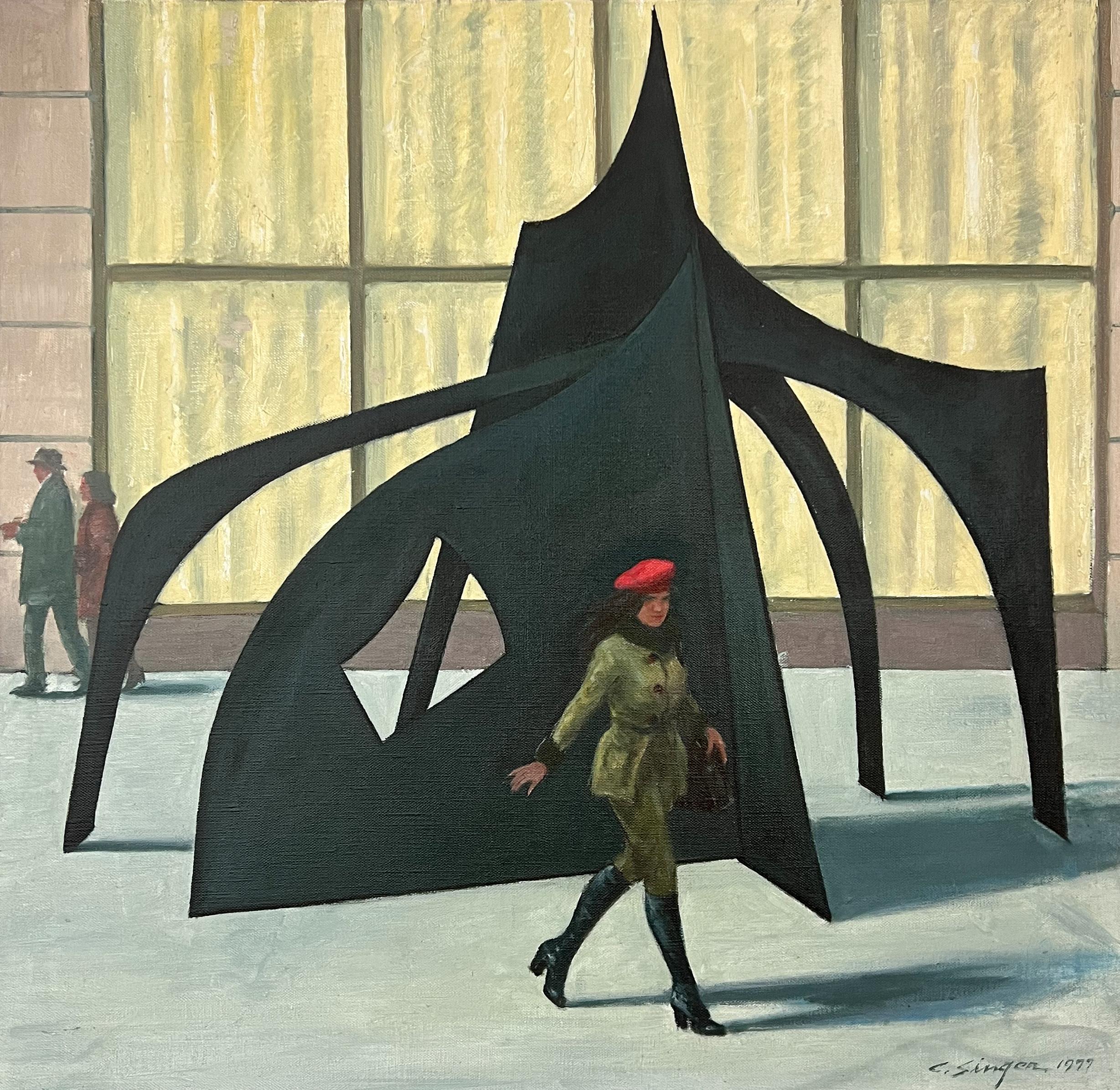 Calder Sculpture in Lincoln Center- New York City American Scene Painting - Gray Figurative Painting by Clyde Singer