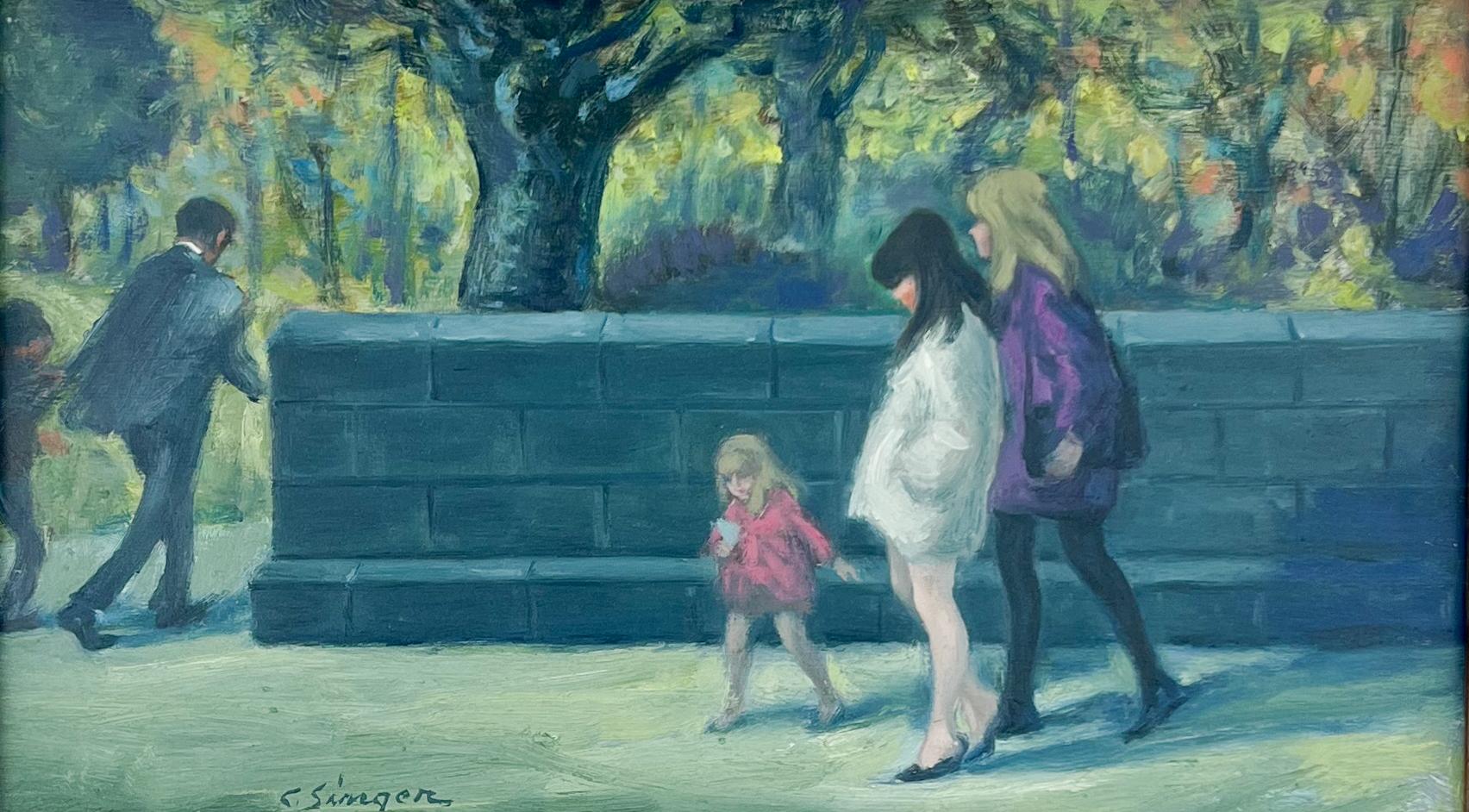Central Park - 5th Ave. New York Pittura di scena americana. - Painting di Clyde Singer