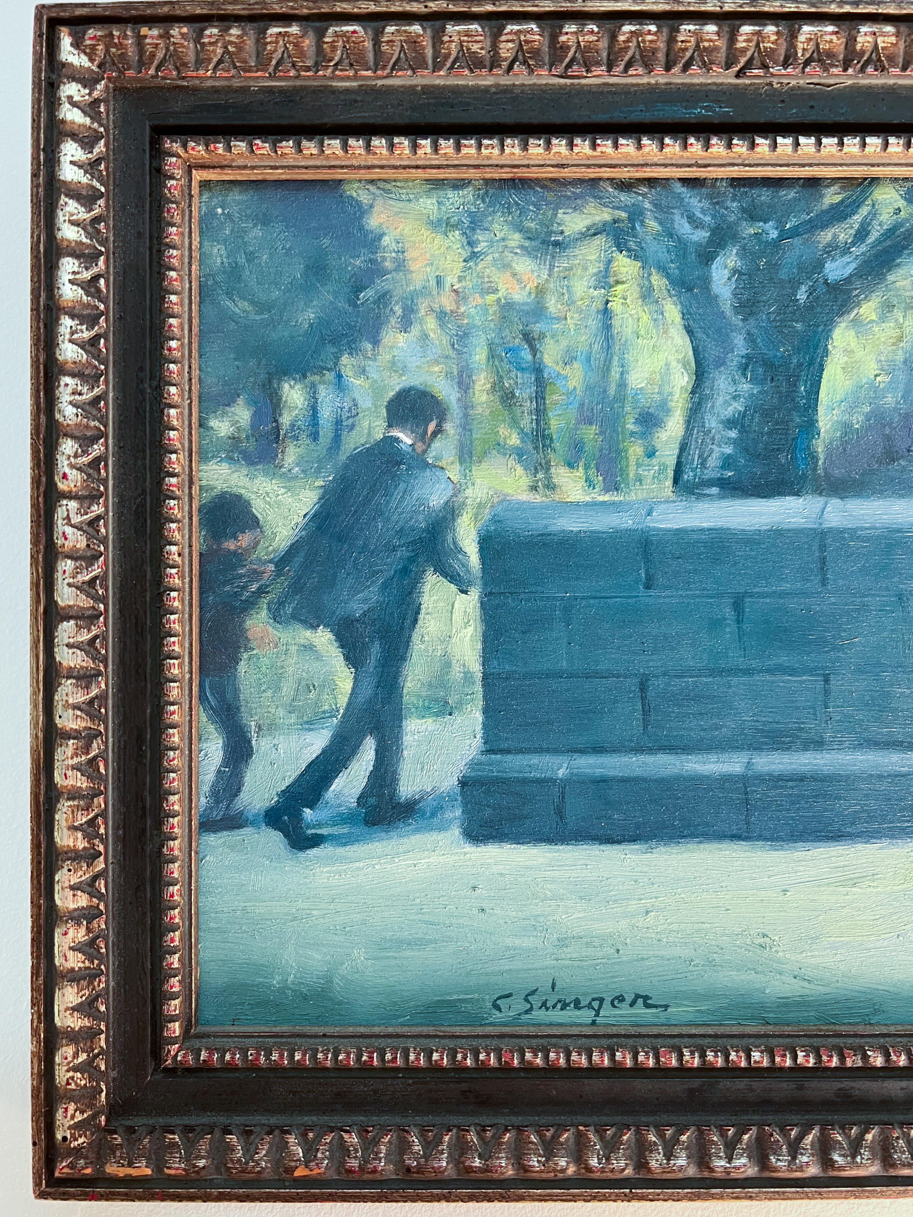 Central Park - 5th Ave. New York Pittura di scena americana. - Figurative Painting Nero di Clyde Singer