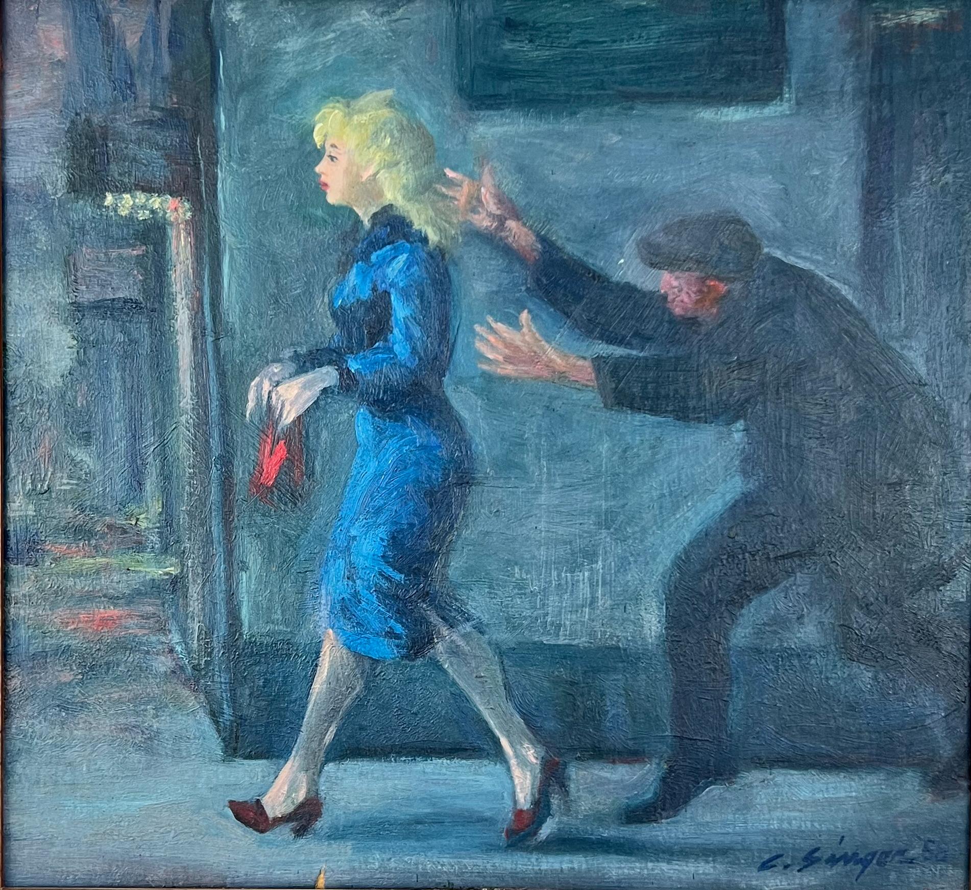 Le péril de la ville.  Peinture à l'huile d'une scène urbaine américaine du milieu du siècle, représentant un crime. - Painting de Clyde Singer