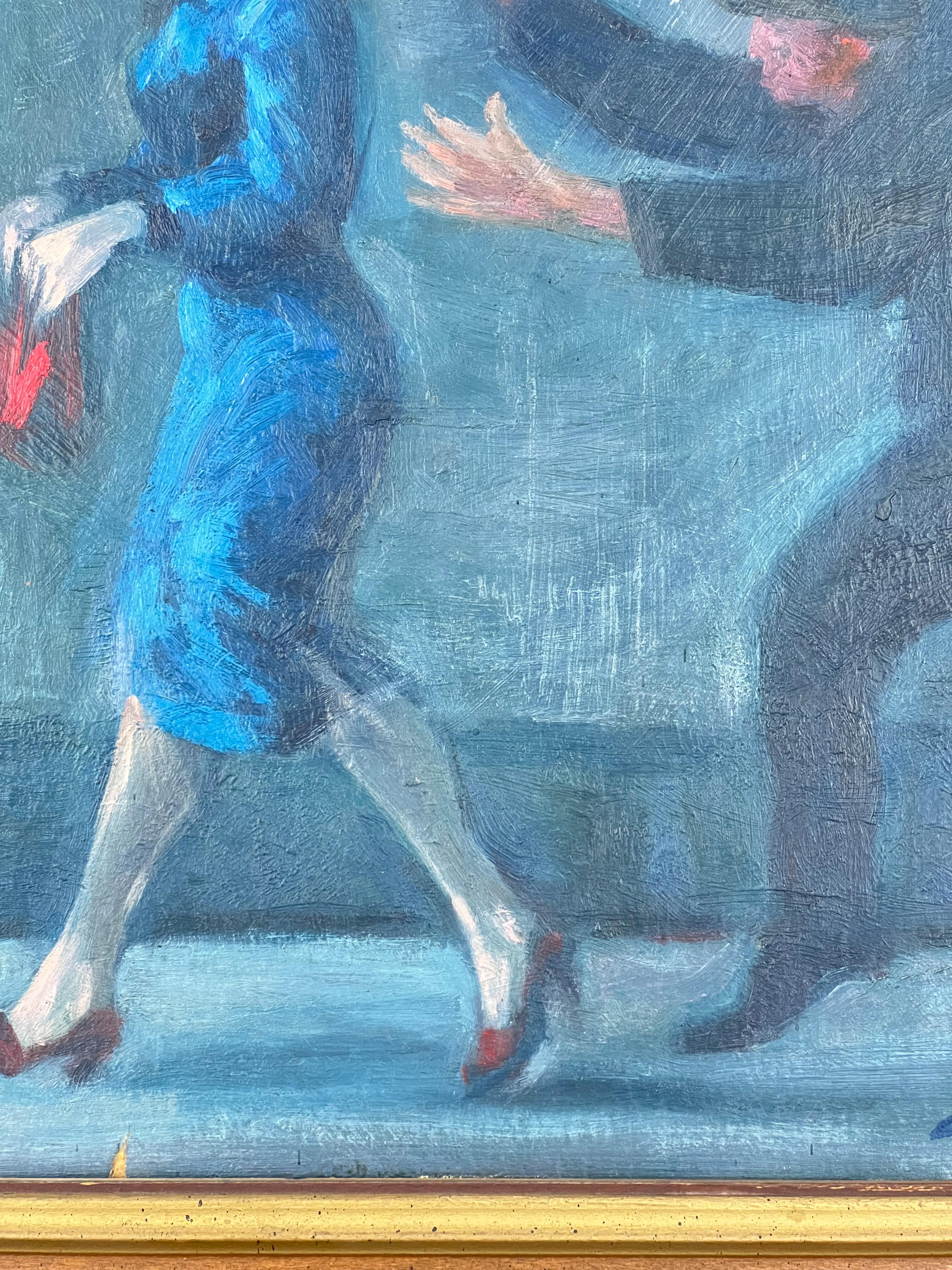 Le péril de la ville.  Peinture à l'huile d'une scène urbaine américaine du milieu du siècle, représentant un crime. - Réalisme américain Painting par Clyde Singer