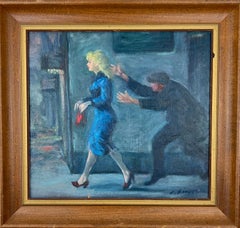 City Peril.  Mid-Century American Urban Scene Oil Painting of Crime.