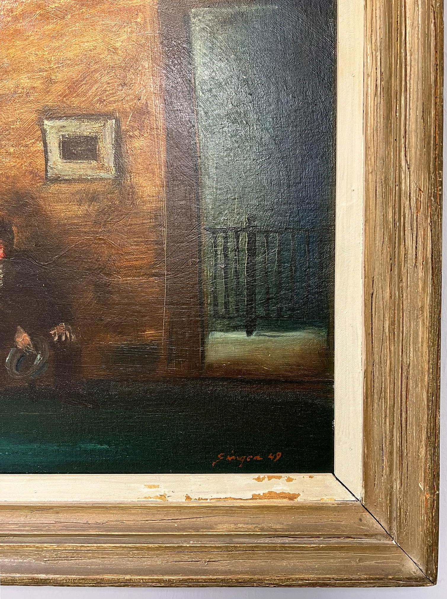 Praxis des Arztes.  Amerikanische Szene aus der Mitte des Jahrhunderts Ölgemälde Youngstown, OH. (Braun), Interior Painting, von Clyde Singer