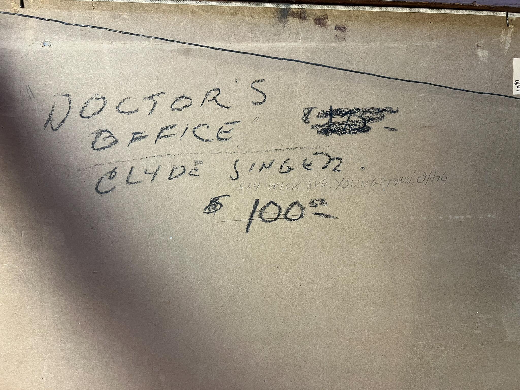 Einen ängstlichen Moment beim Warten auf den Arzt zeigt Clyde Singer in diesem ruhigen und stillen Gemälde.  Unter dem Titel Doctor's Office (1949) schildert Singer einen Moment der Erwartung und der Sorge einer älteren Frau und eines jungen Mannes.