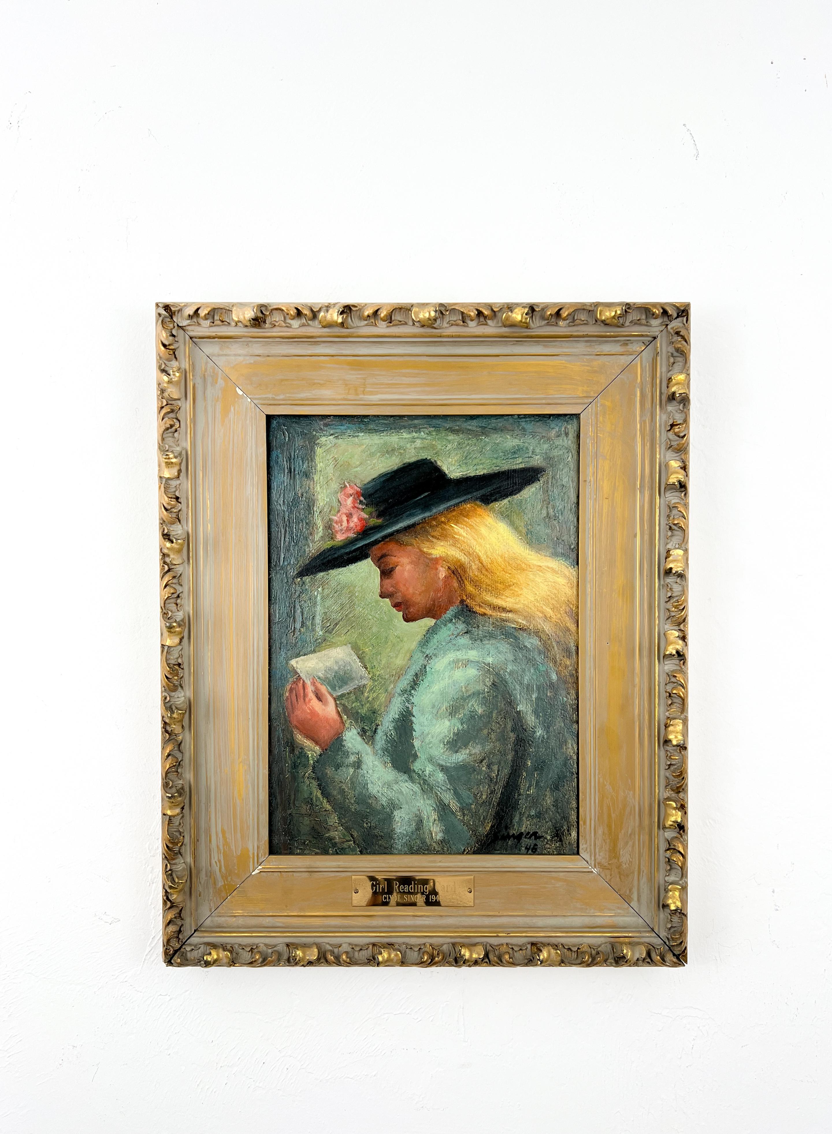 Girl Reading Card-American Realist Portrait-Mid-Century Original Oil Painting - Brown Figurative Painting by Clyde Singer