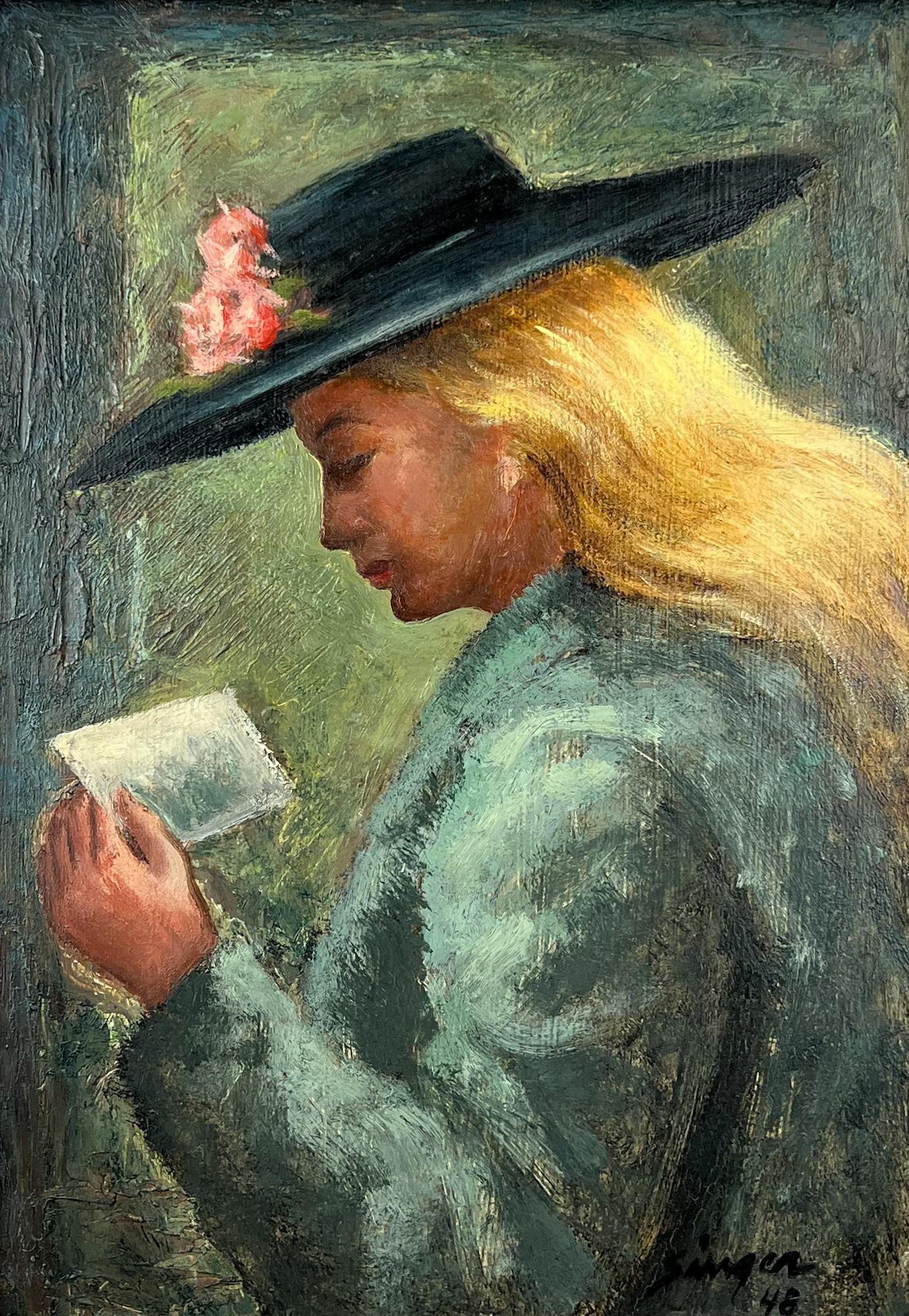 Girl Reading Card-American Realist Portrait-Mid-Century Original Oil Painting For Sale 1
