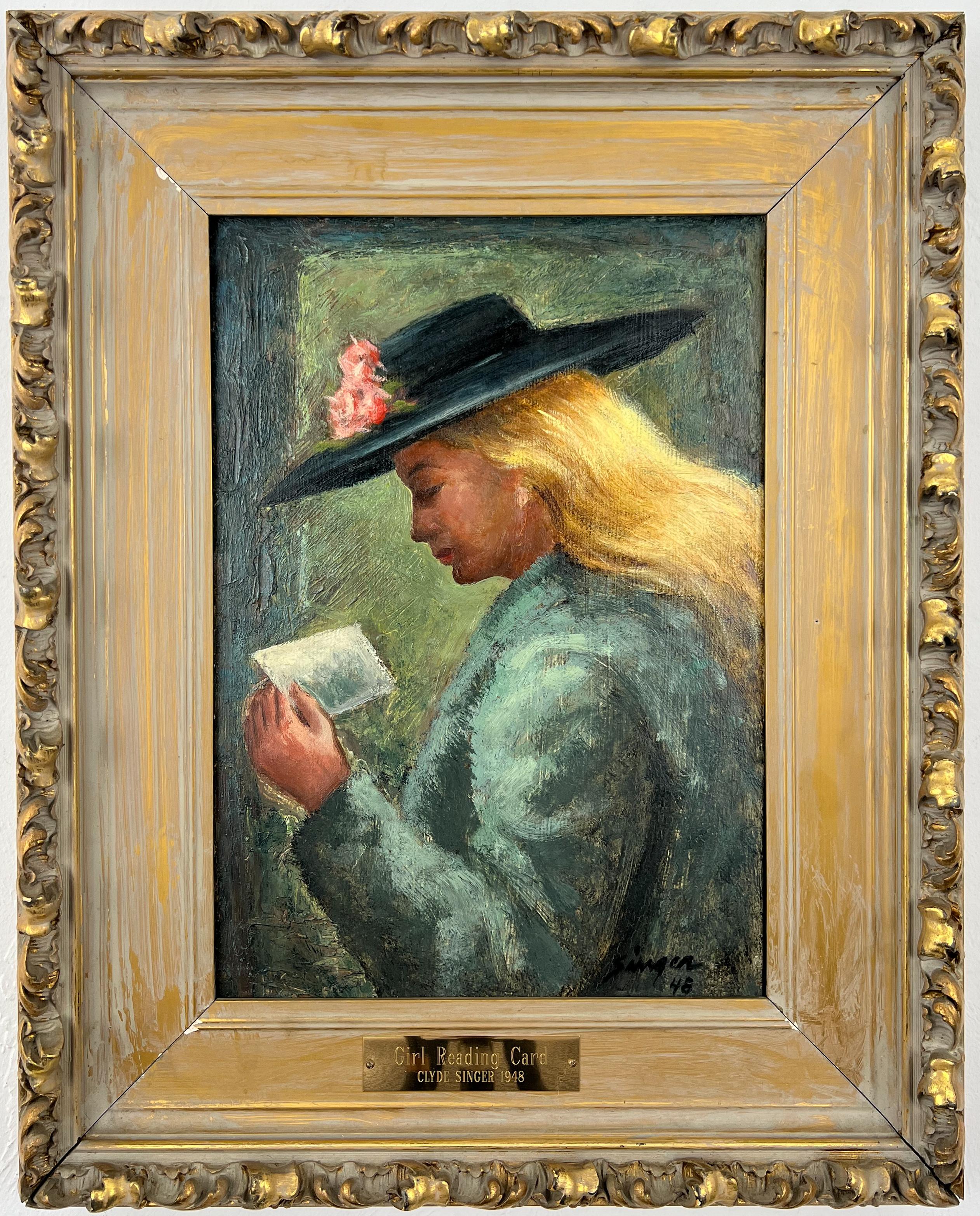Girl Reading Card-American Realist Portrait-Mid-Century Original Oil Painting
