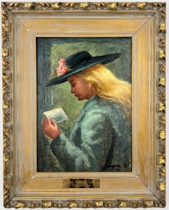 Girl Reading Card-American Realist Portrait-Mid-Century Original Oil Painting