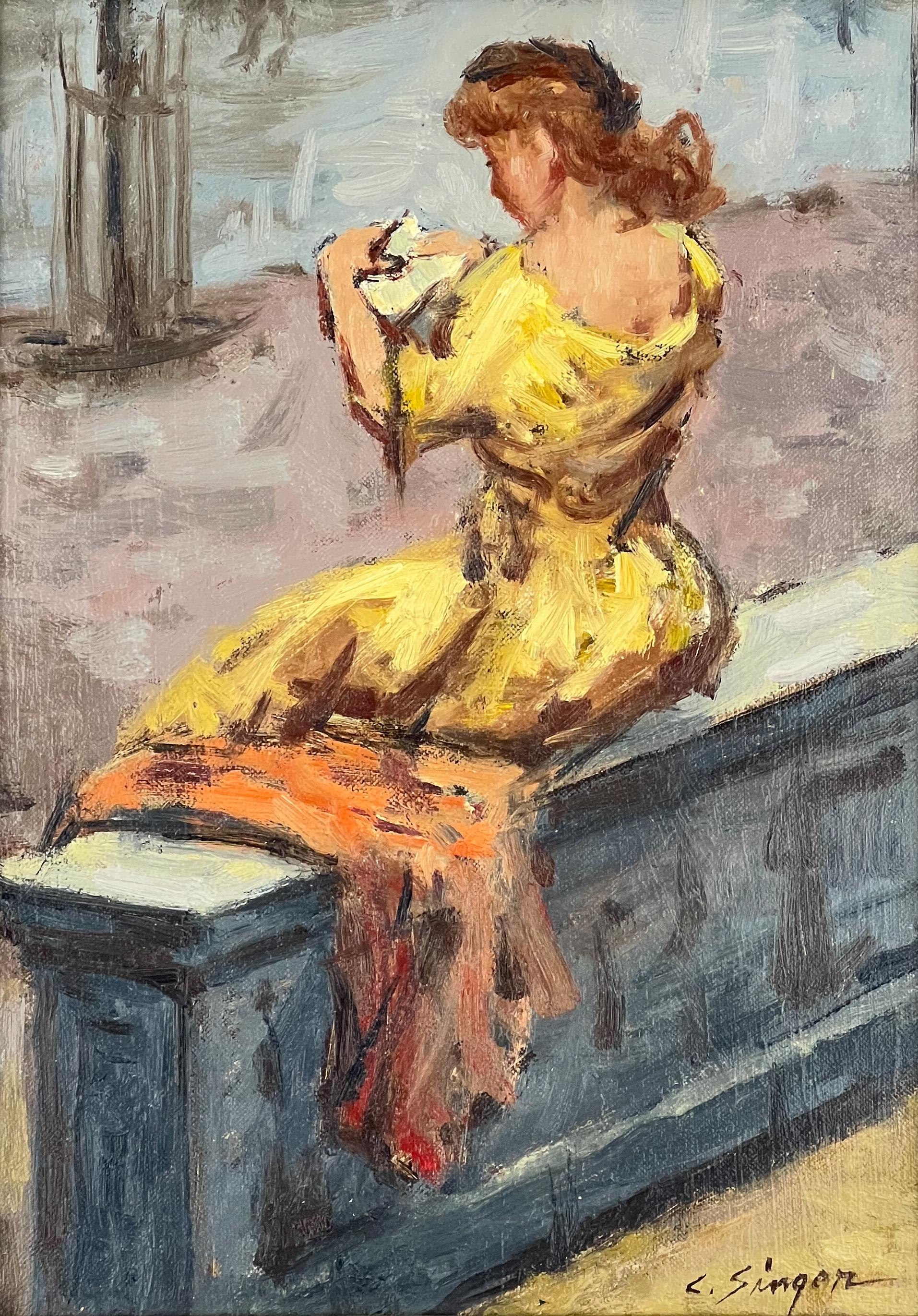 Girl Sitting on Wall - Painting by Clyde Singer
