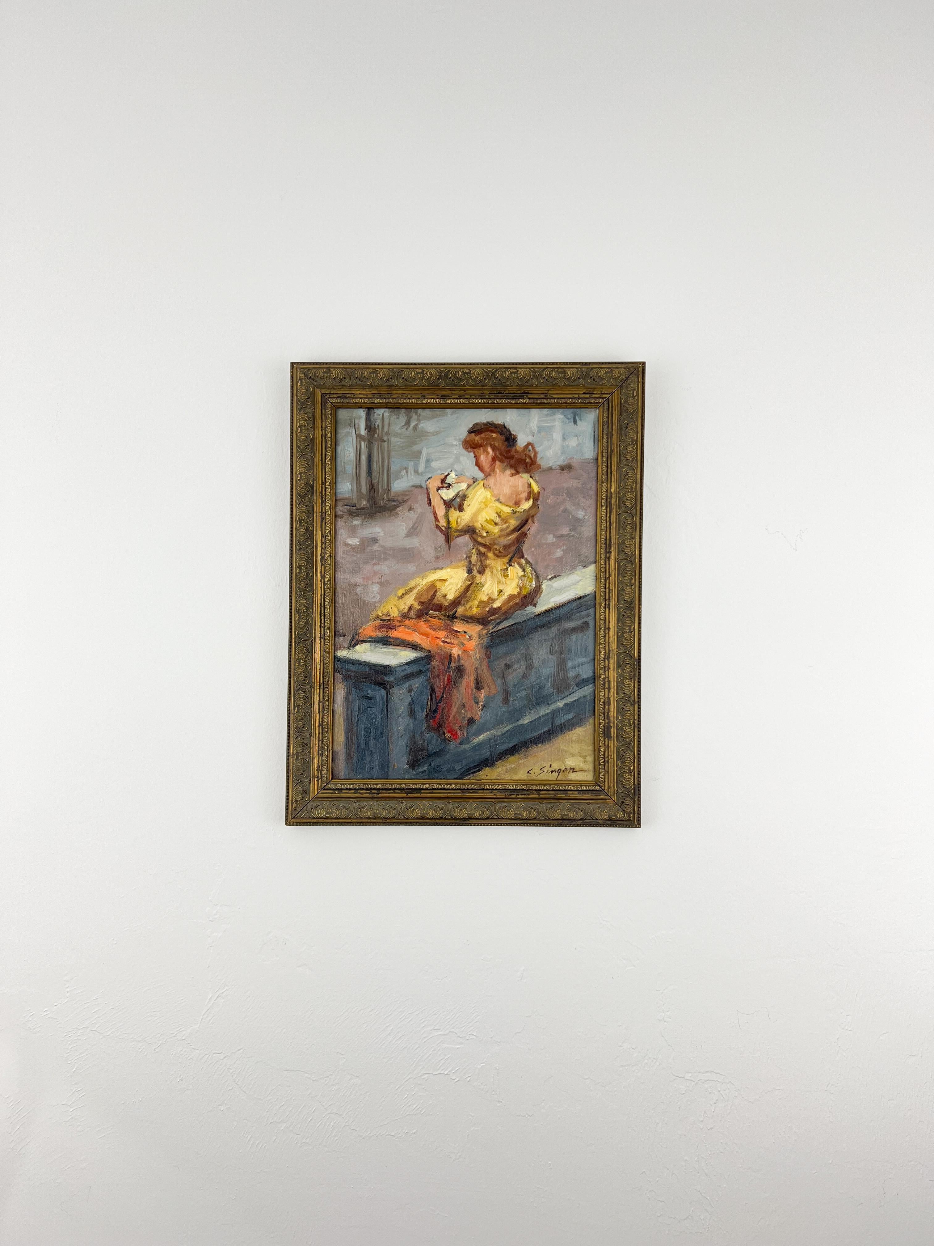 Girl Sitting on Wall - American Realist Painting by Clyde Singer