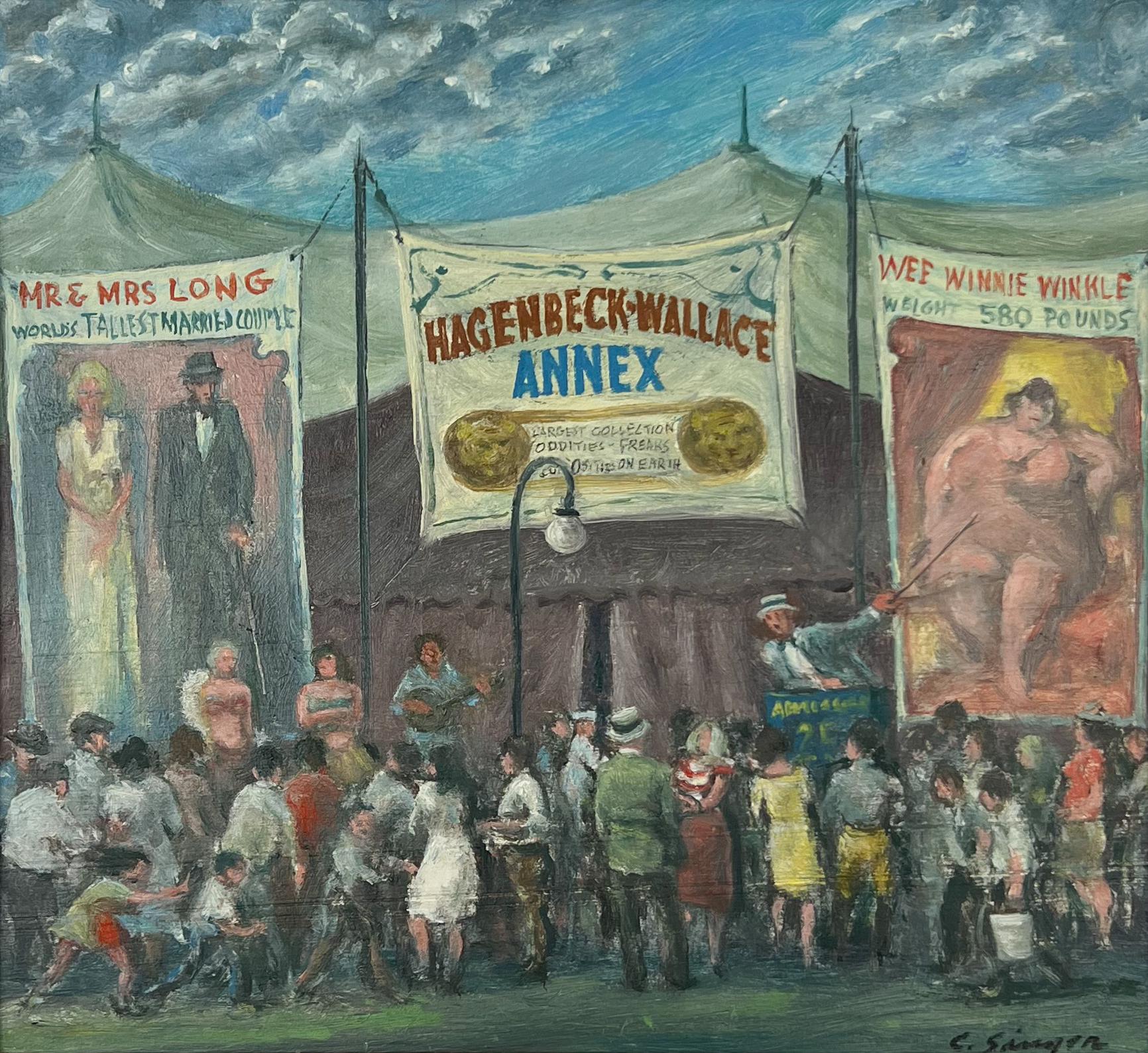Hagenbeck-Wallace Annex.  Circus Oil Painting of Depression Era Columbus, Ohio. - Brown Figurative Painting by Clyde Singer
