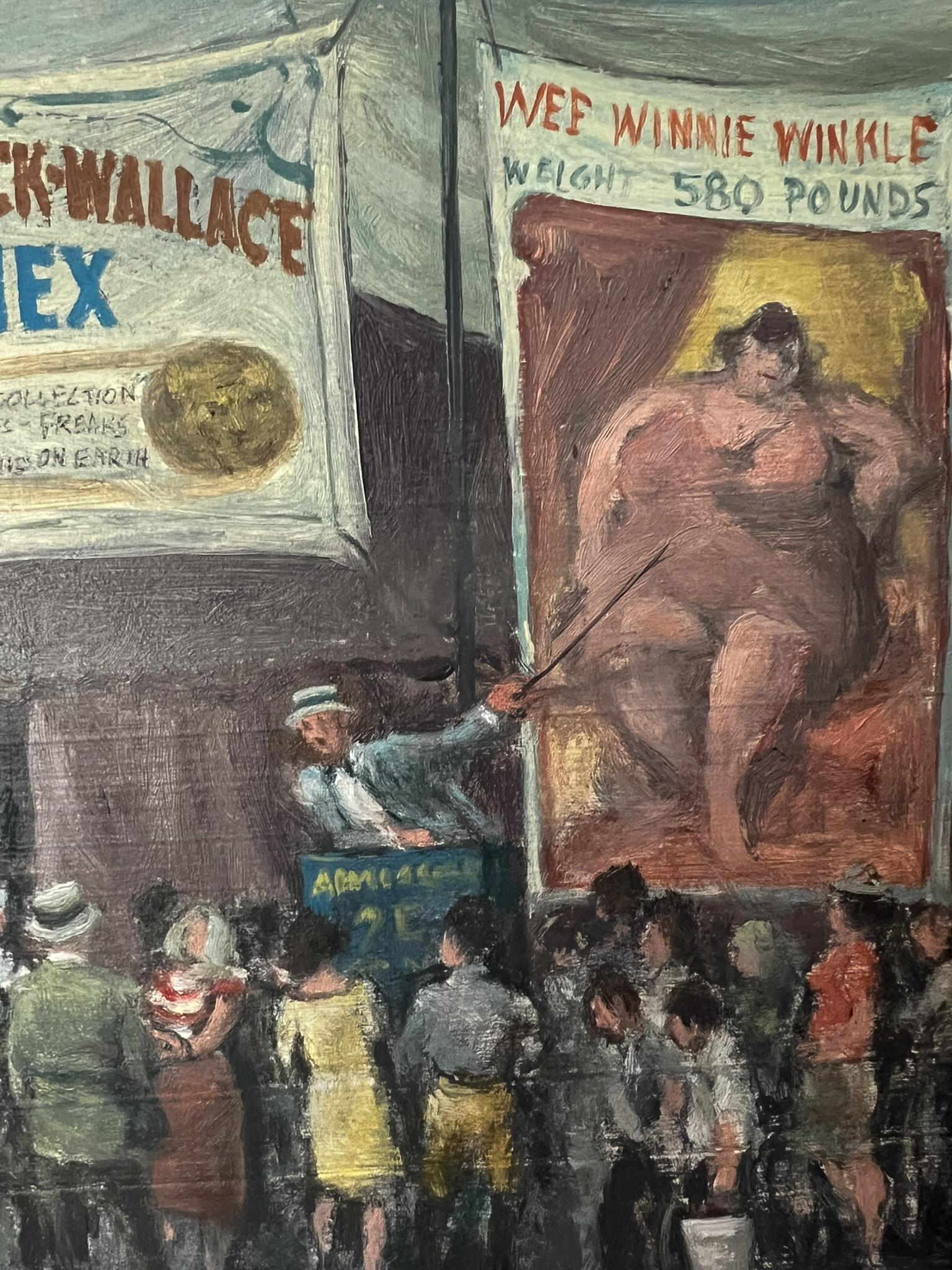 American life is captured in this Clyde Singer painting, Hagenbeck-Wallace Annex (1972), where he depicts a moment in the circus coming to town. Traveling circuses were major events in the early 20th Century.  This scene of a crowd gathered to enter