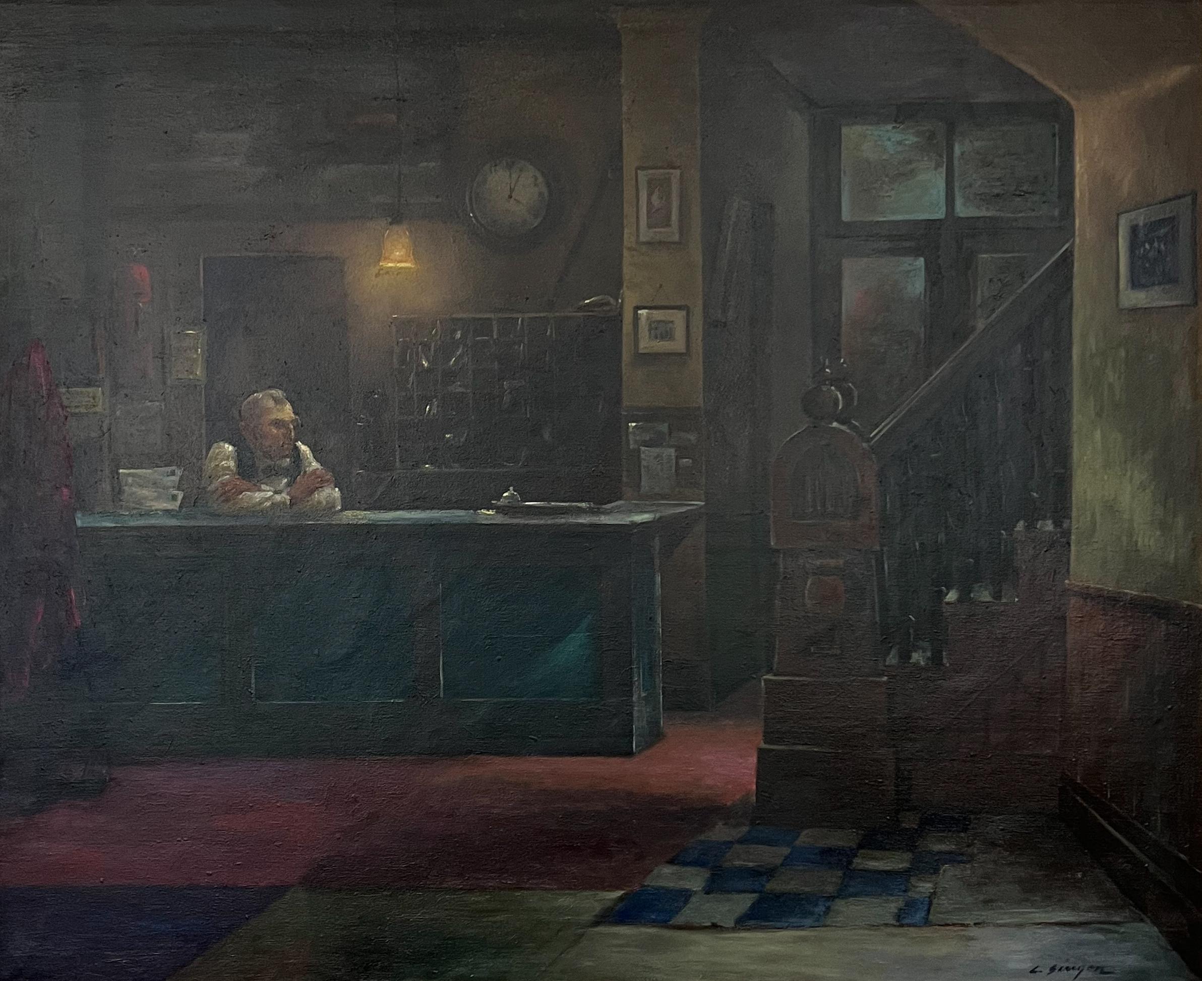 Hotel Night Lobby.  Large Mid-Century American Oil Painting. - Black Figurative Painting by Clyde Singer