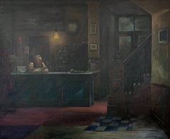 Hotel Night Lobby.  Large Mid-Century American Oil Painting.