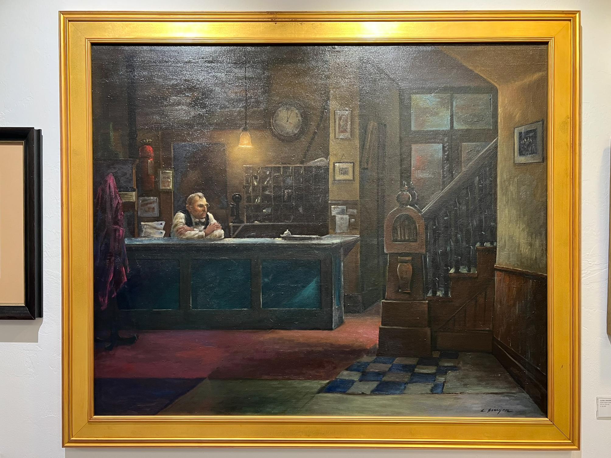 A long and quiet night in the hotel lobby is depicted by Clyde Singer in this moody and still painting.  Entitled Hotel Night Lobby (1947), Singer paints a moment of solitude during the lobby attendant's evening routine. An accomplished American
