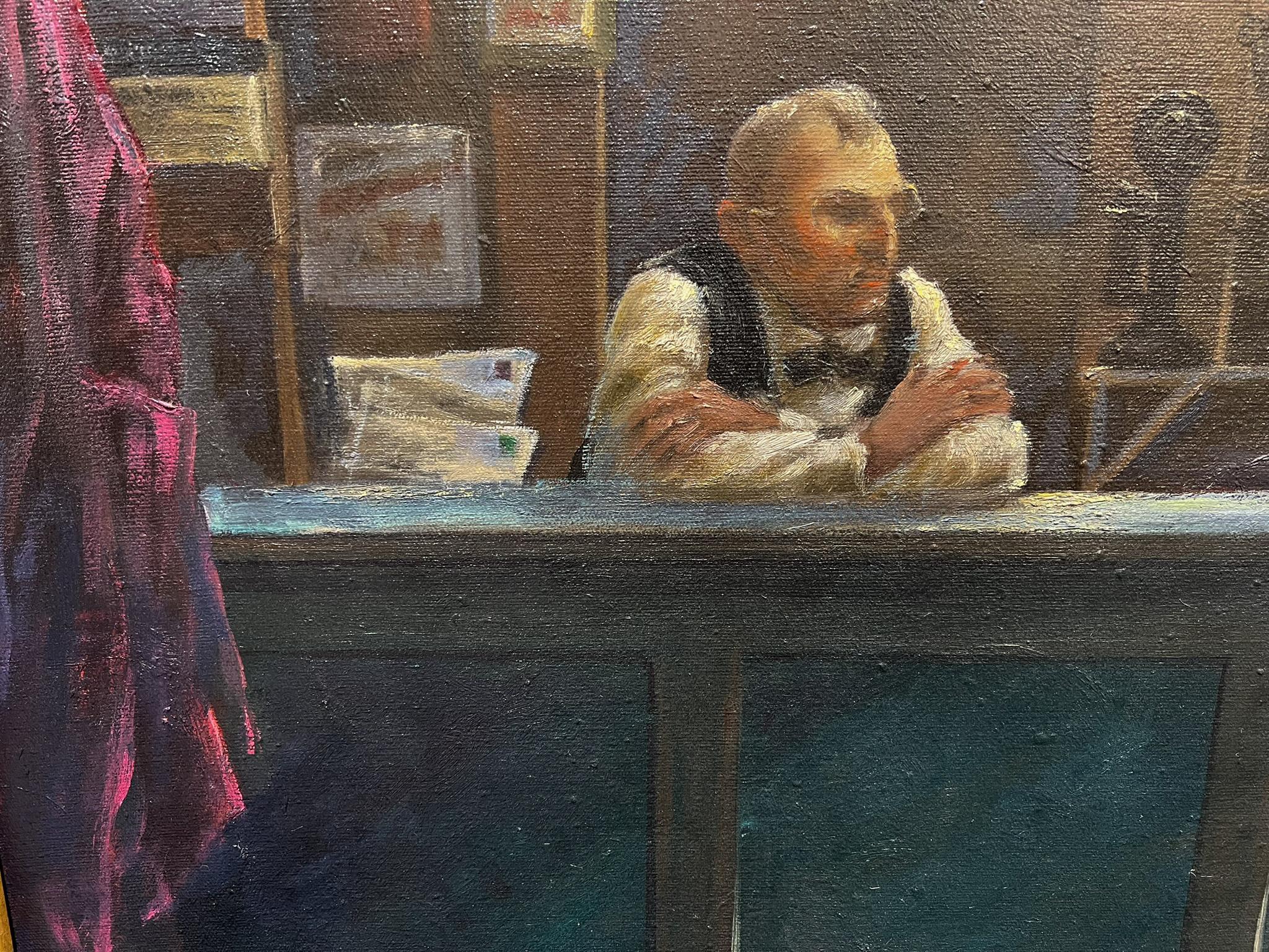 Hotel Night Lobby.  Large Mid-Century American Oil Painting. For Sale 1