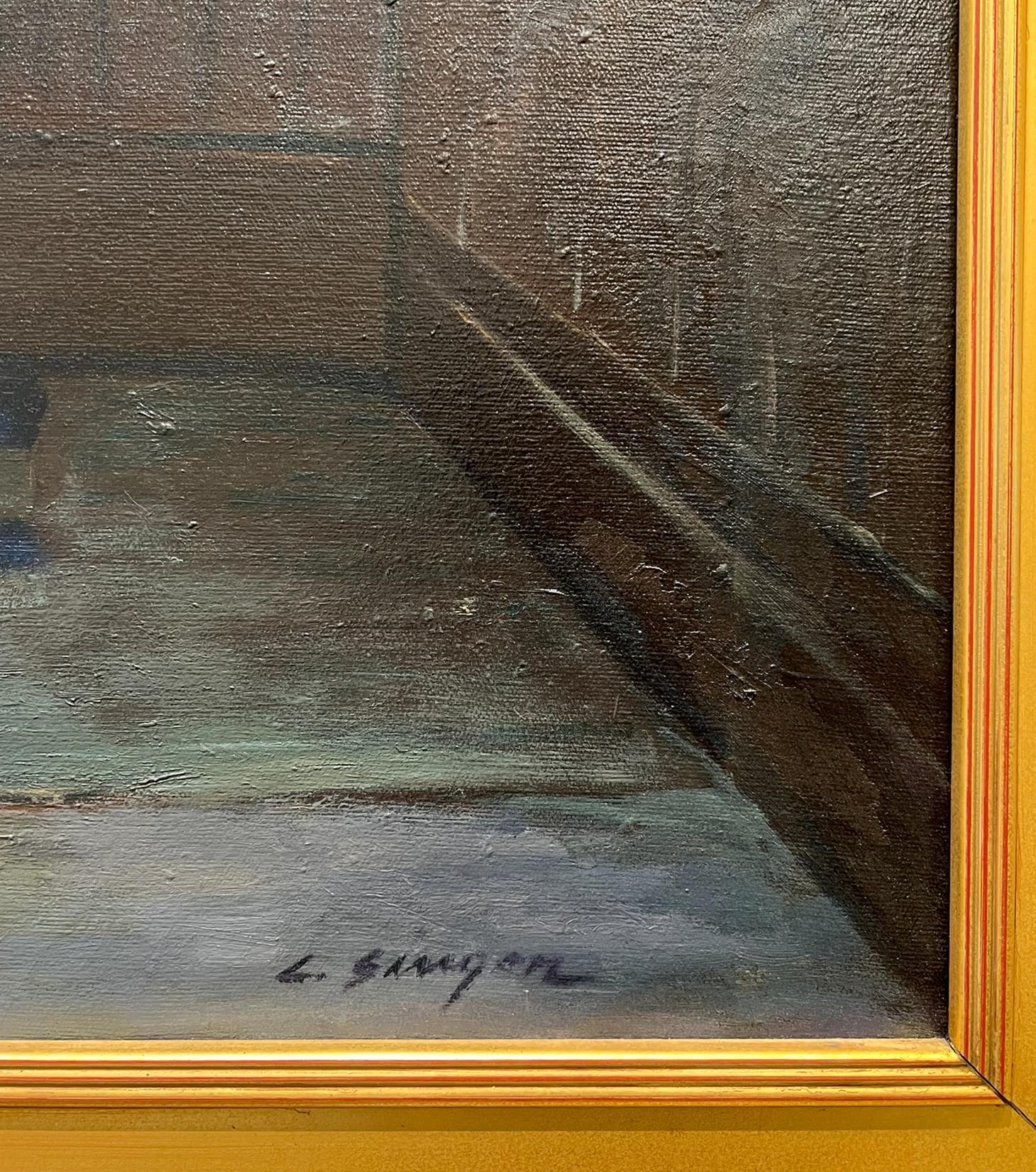 Hotel Night Lobby.  Large Mid-Century American Oil Painting. For Sale 2