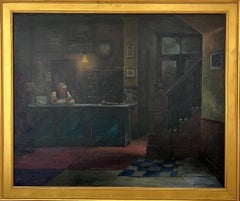 Hotel Night Lobby.  Large Mid-Century American Oil Painting.