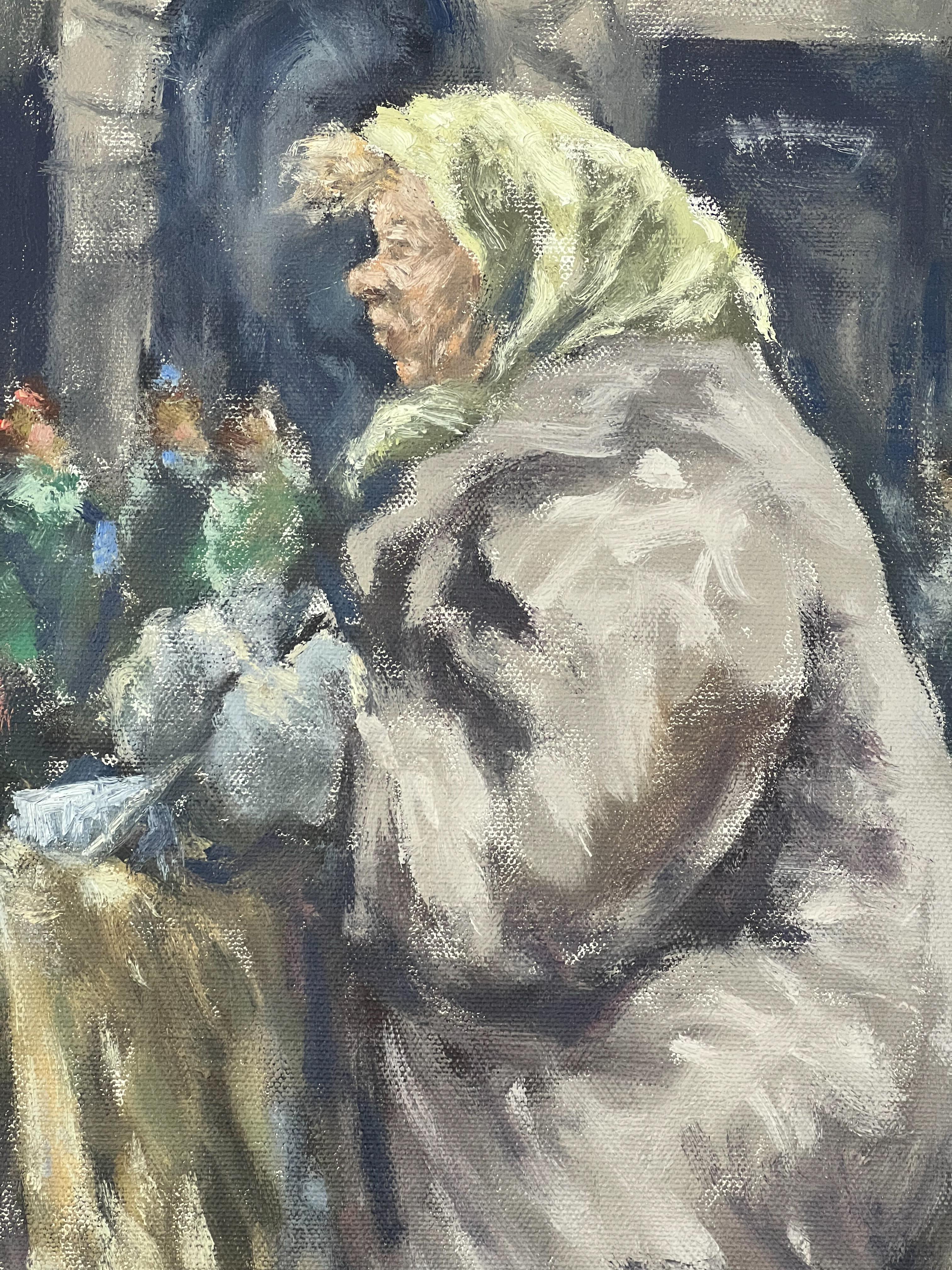 Marktfrau – amerikanisches regionalistisches Ölgemälde eines Stadtlebens aus der Mitte des Jahrhunderts – Painting von Clyde Singer