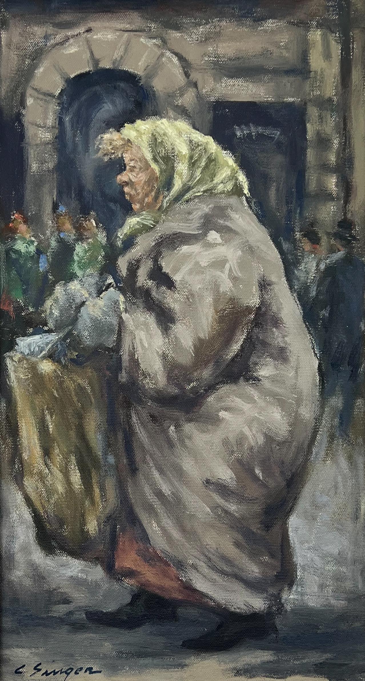 Marktfrau – amerikanisches regionalistisches Ölgemälde eines Stadtlebens aus der Mitte des Jahrhunderts (Amerikanischer Realismus), Painting, von Clyde Singer