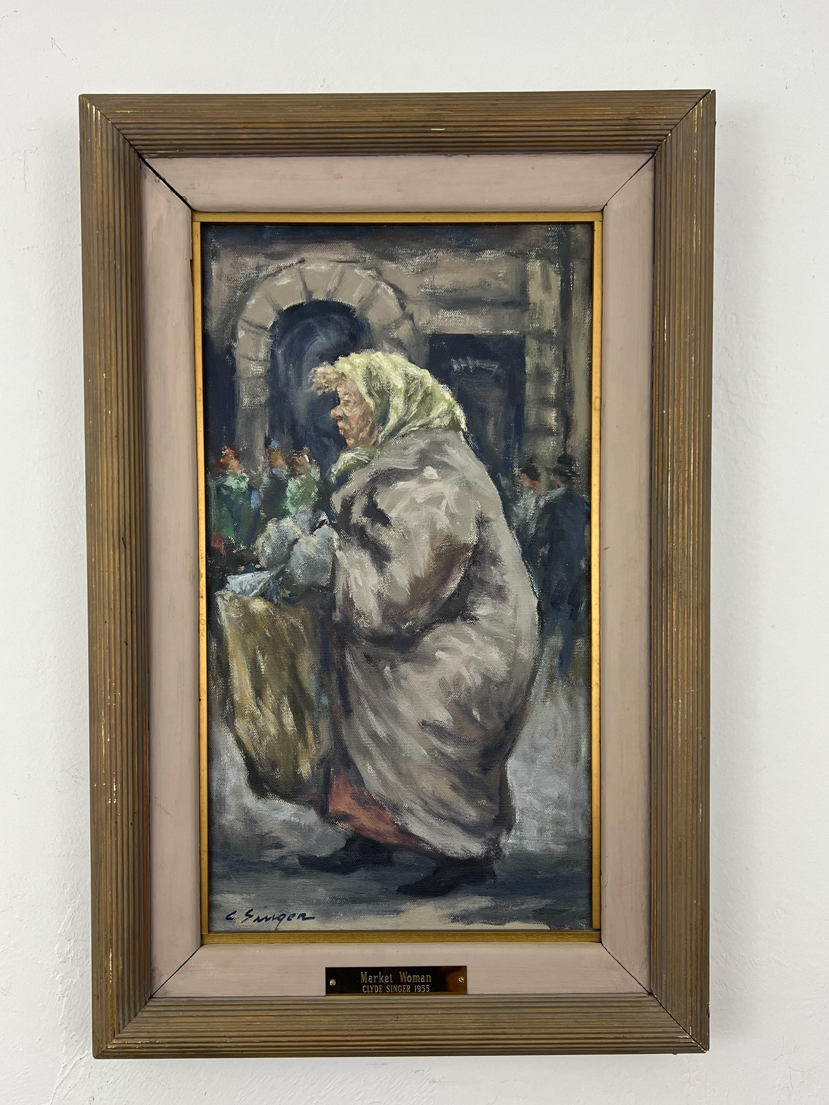 Donna del mercato - Dipinto a olio regionalista americano sulla vita cittadina di metà secolo