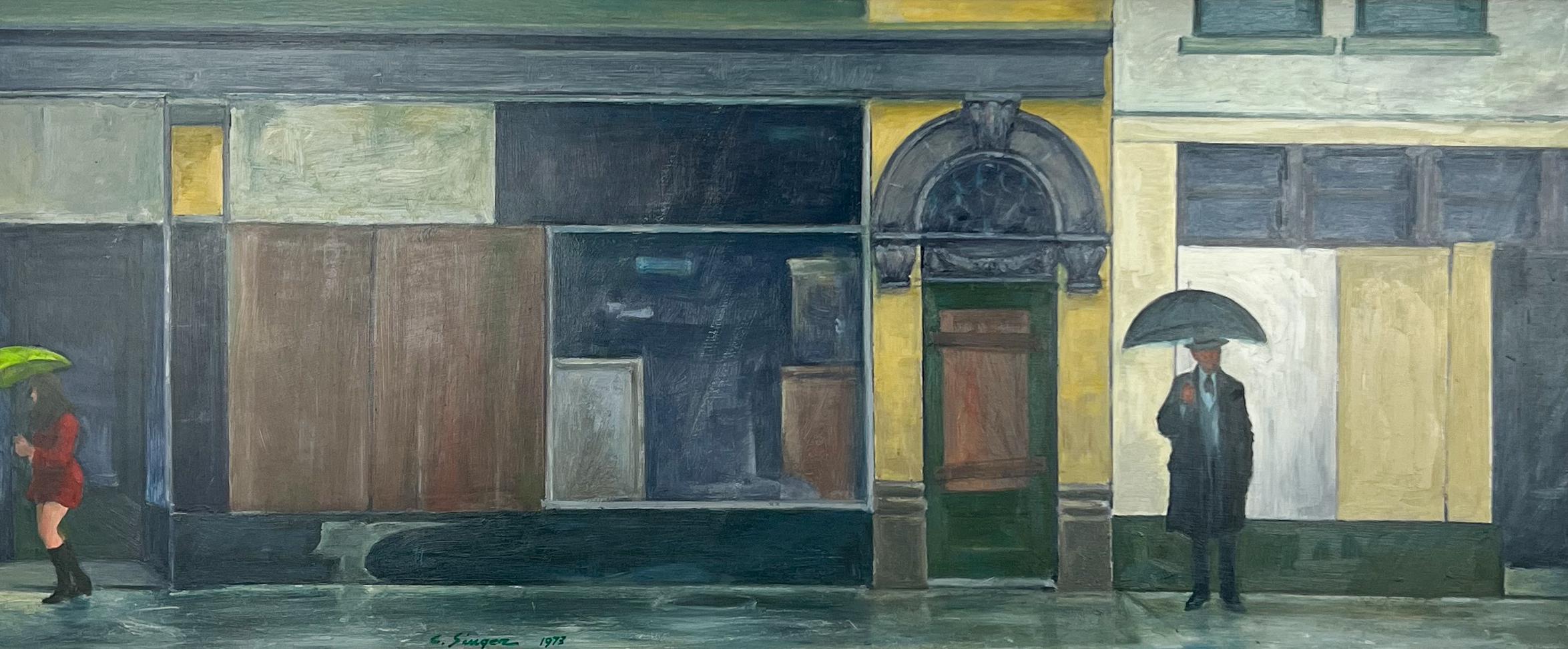 Aufgesetzte Front. Original Urban American Street Scene Malerei. – Painting von Clyde Singer