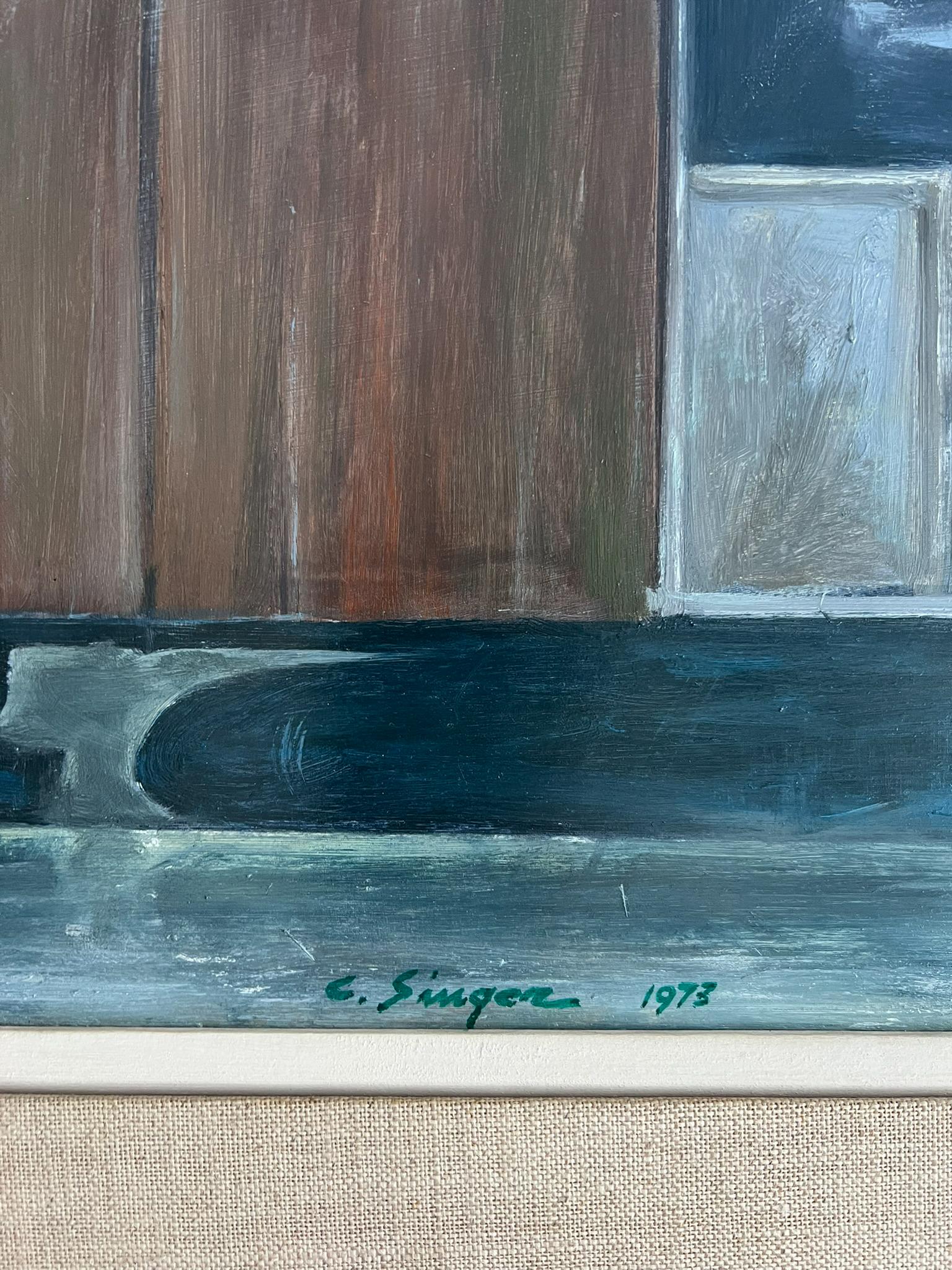 Aufgesetzte Front. Original Urban American Street Scene Malerei. (Grau), Landscape Painting, von Clyde Singer