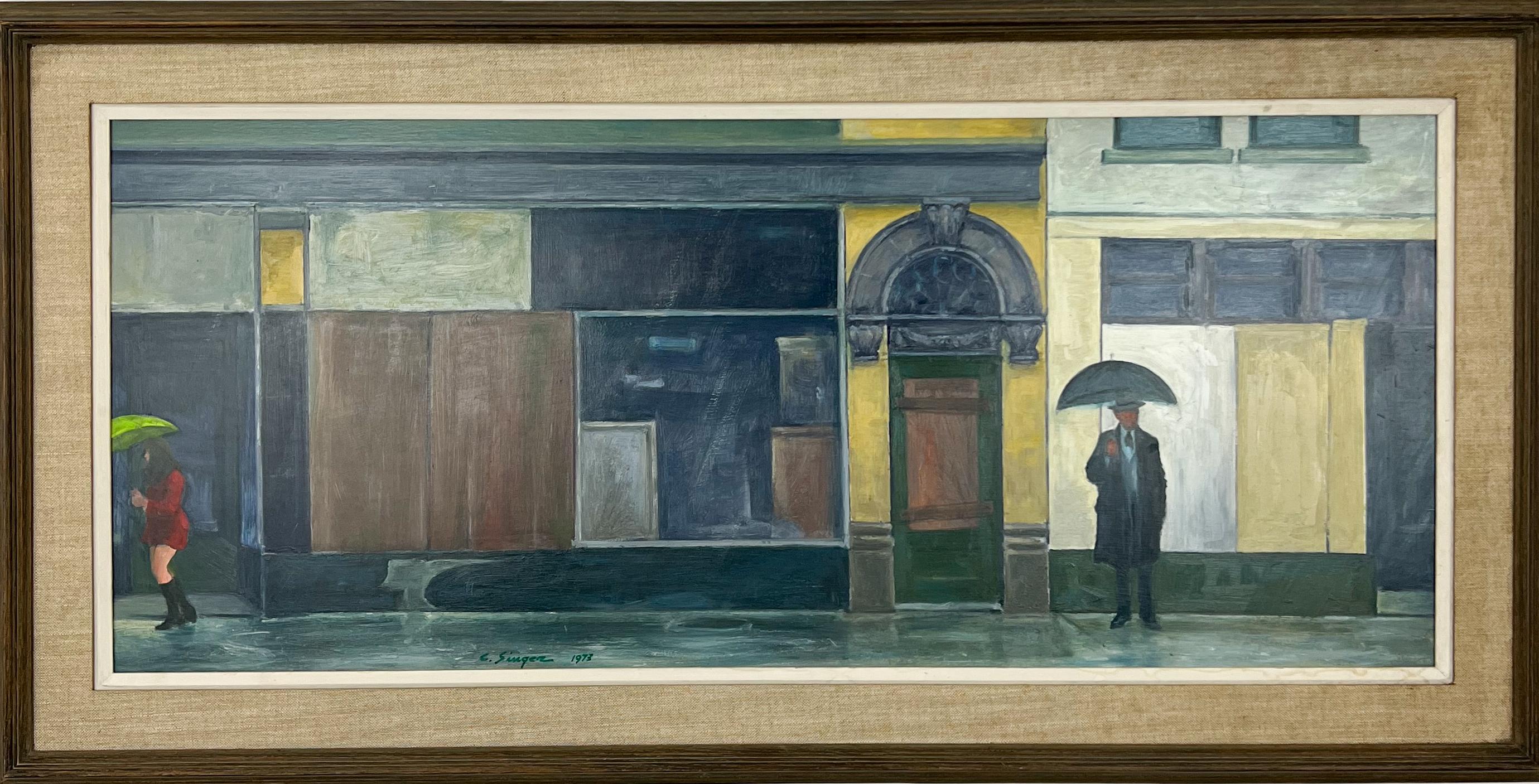 Clyde Singer Landscape Painting – Aufgesetzte Front. Original Urban American Street Scene Malerei.