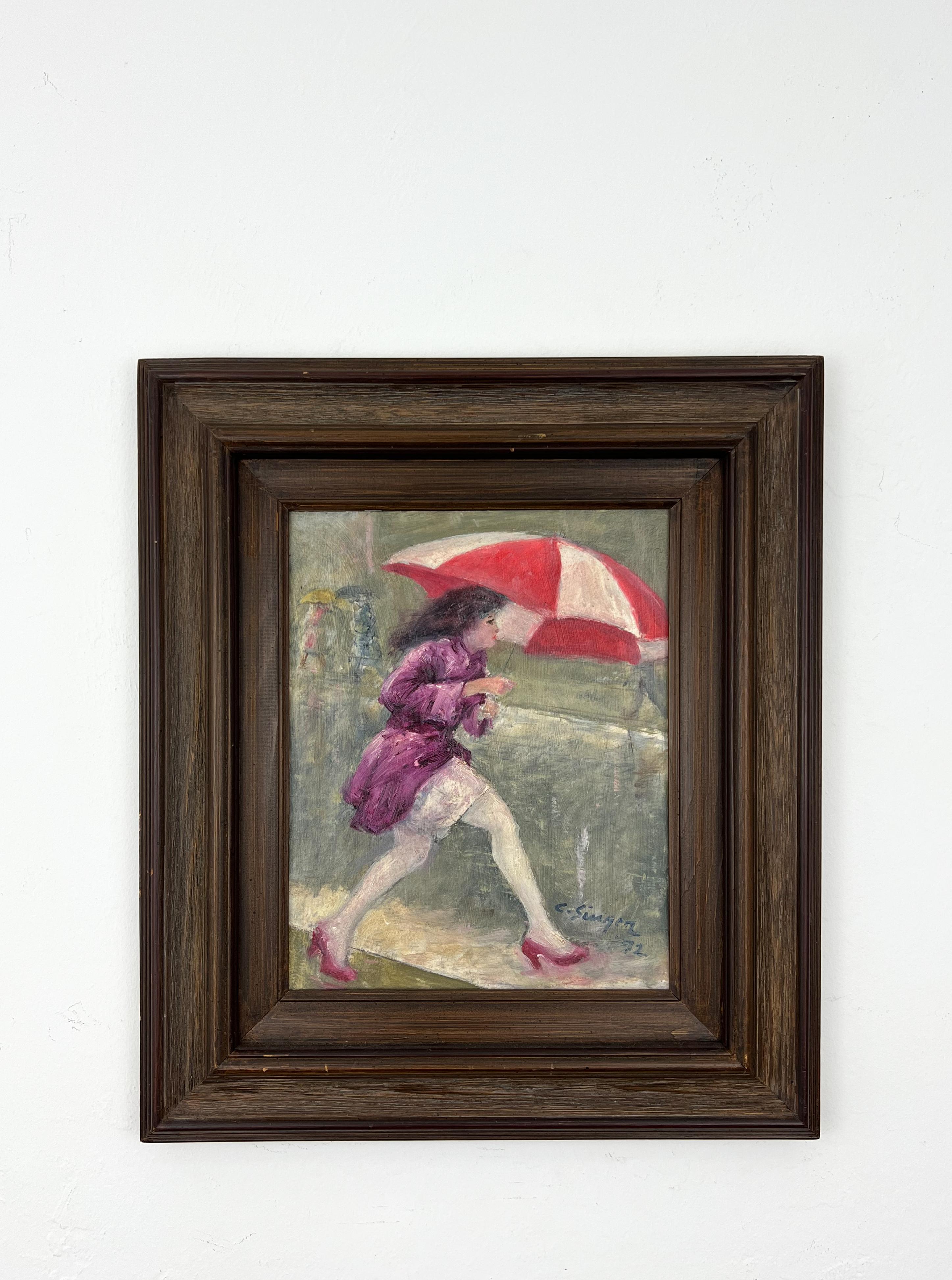 Puddle Jumper.  Woman With Umbrella Original Oil American Rainy Scene Painting. - Black Portrait Painting by Clyde Singer