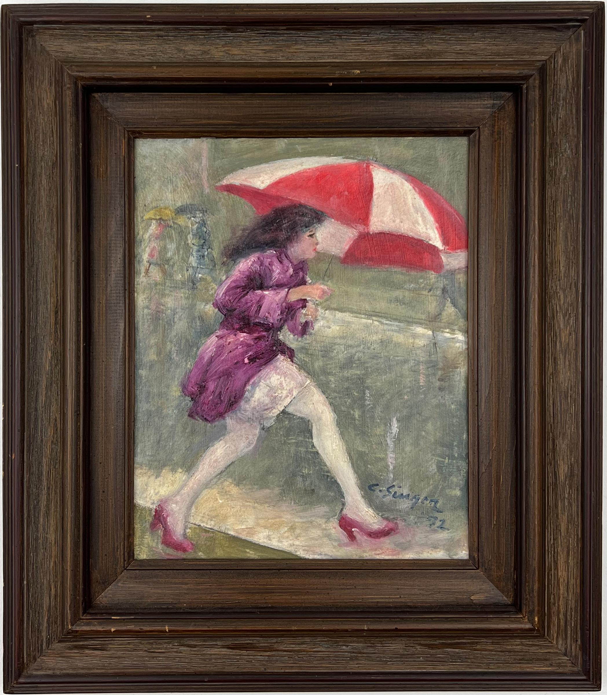 Clyde Singer Portrait Painting - Puddle Jumper.  Woman With Umbrella Original Oil American Rainy Scene Painting.