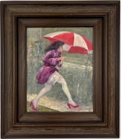 Puddle Jumper.  Woman With Umbrella Original Oil American Rainy Scene Painting.