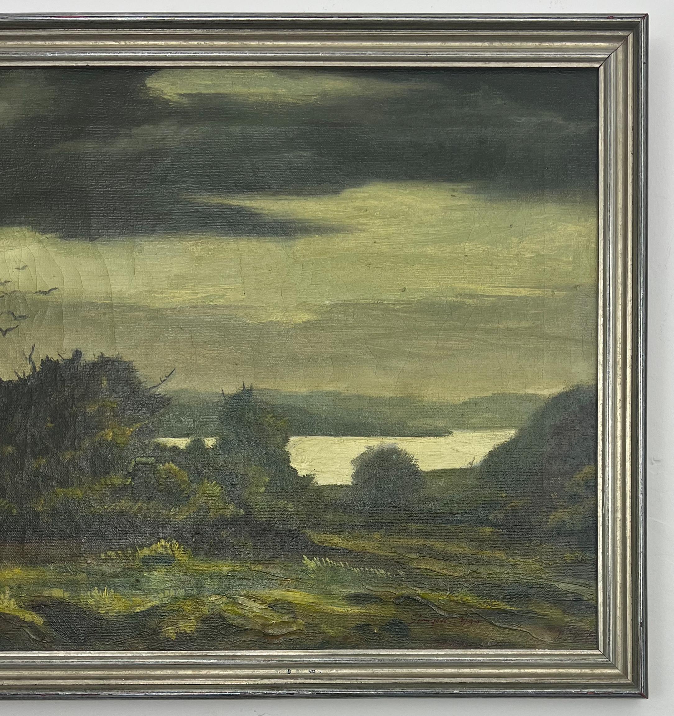 Paesaggio realista dipinto ad olio originale - Piccola scena verde e tonale del Midwest - Landscape Painting Grigio di Clyde Singer