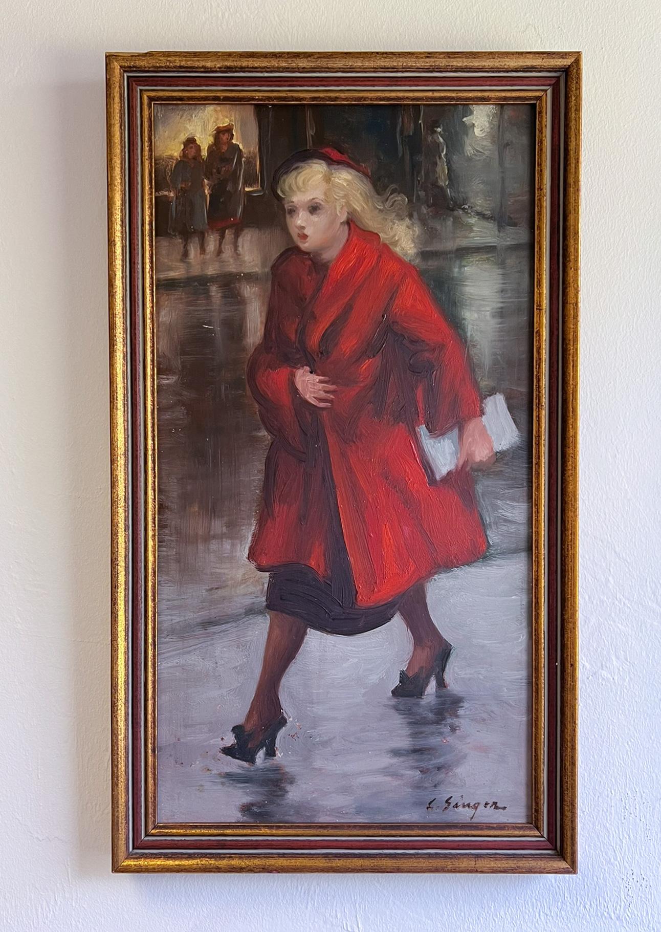 Red Coat - Mid-Century Figurative American Painting.  Woman in New York City. - Brown Figurative Painting by Clyde Singer
