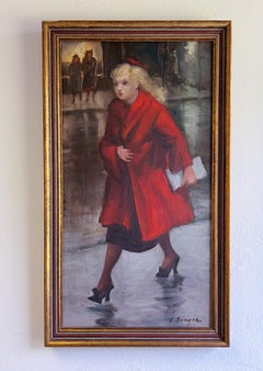 Red Coat - Mid-Century Figurative American Painting.  Woman in New York City.