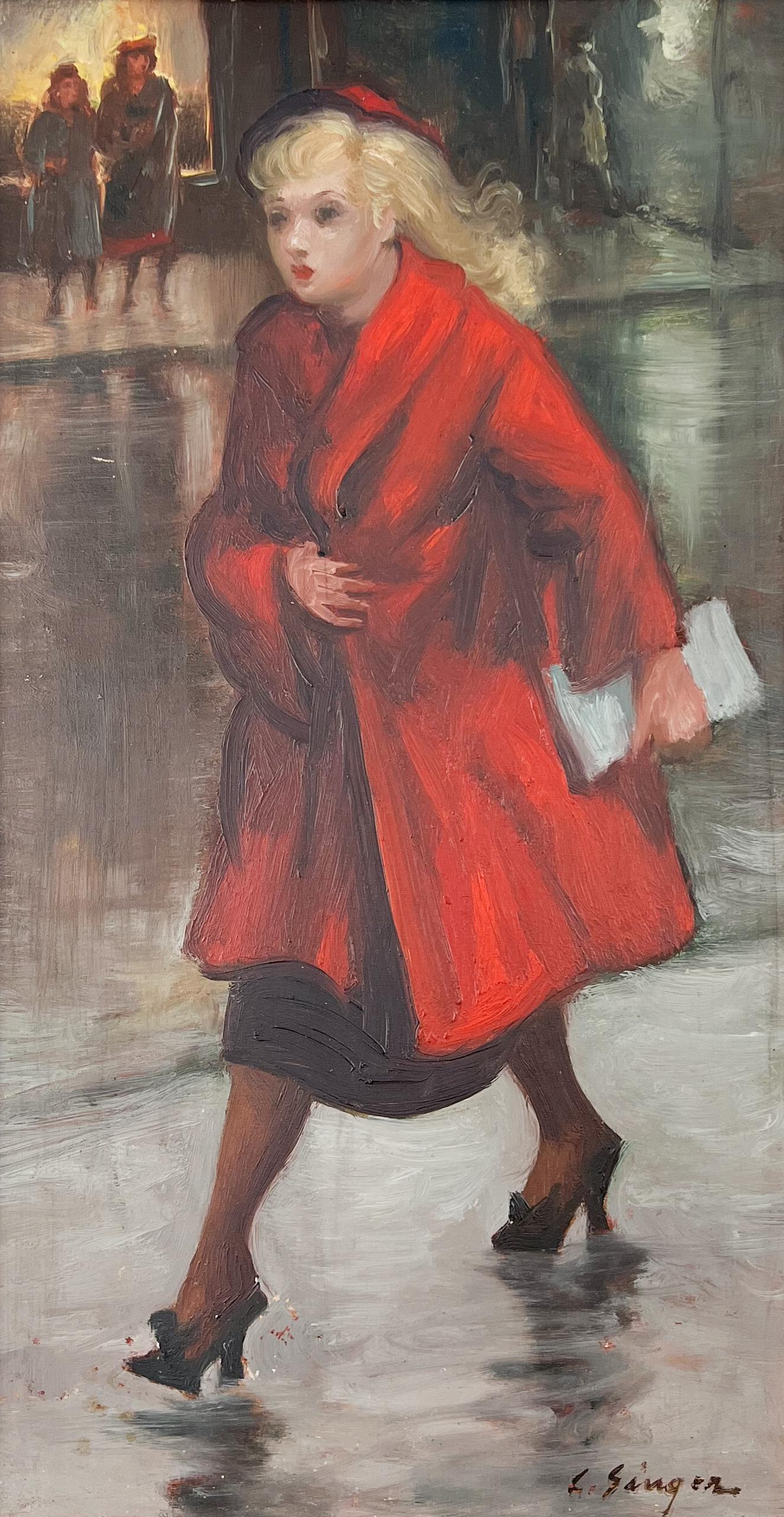American life is captured in this Clyde Singer painting, Red Coat, where he depicts a woman walking down the street towards her destination in 1956. An accomplished American Scene painter, Singer successfully captured everyday life during his long