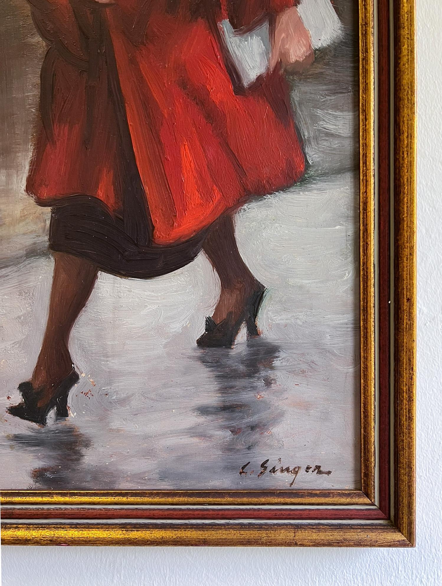 Red Coat - Mid-Century Figurative American Painting.  Woman in New York City. For Sale 1