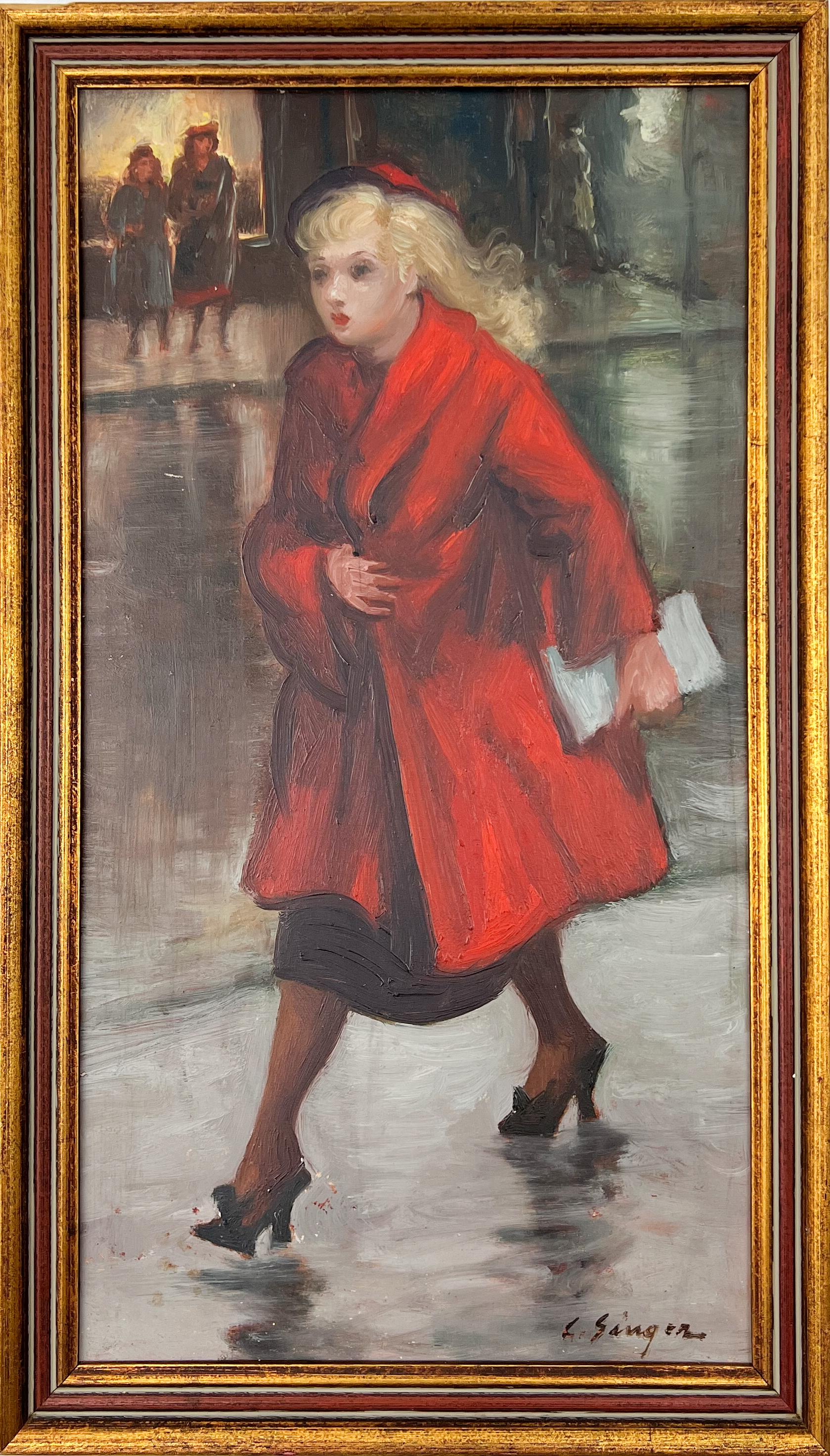 Clyde Singer Figurative Painting - Red Coat - Mid-Century Figurative American Painting.  Woman in New York City.
