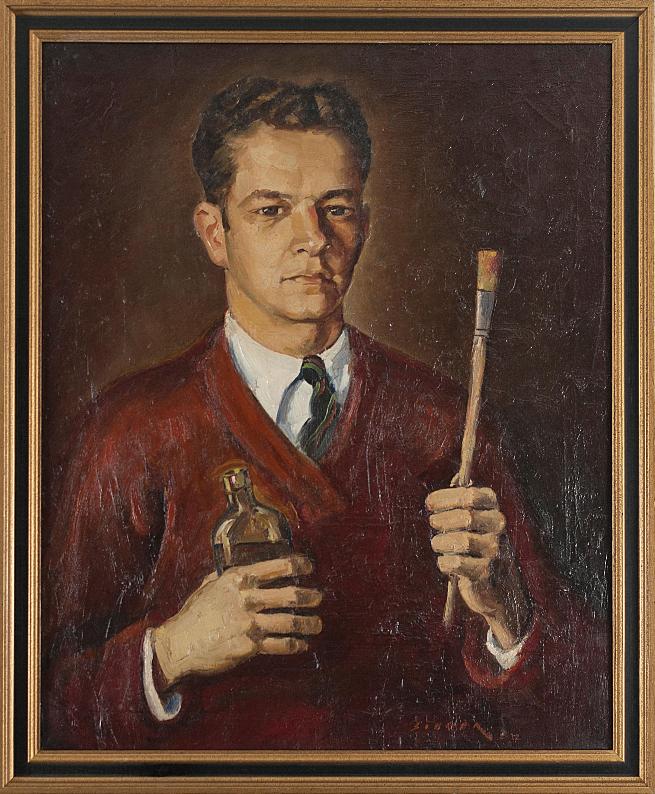 Clyde Singer Portrait Painting - Self Portrait #4 with Varnish Bottle, 1934