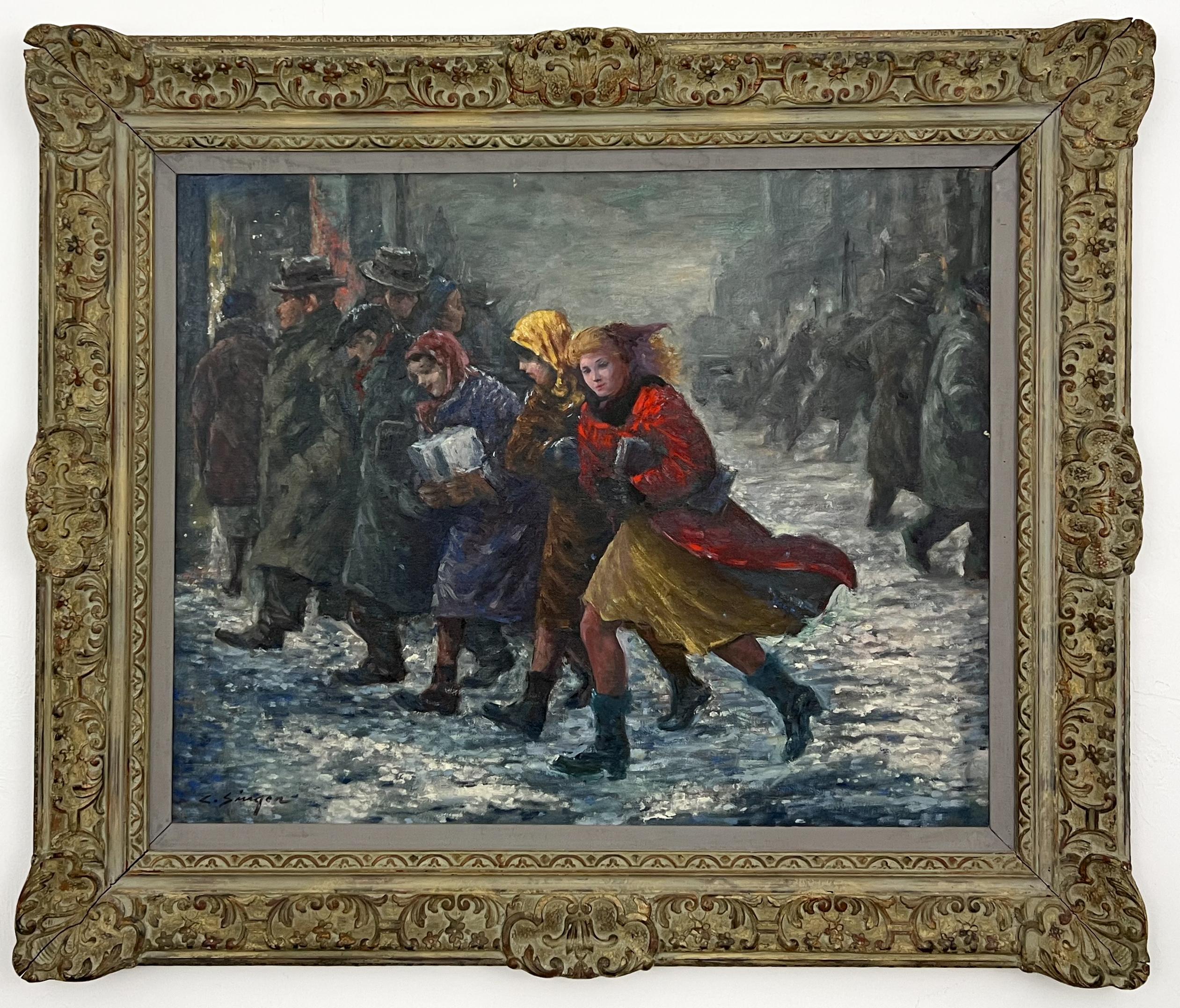 Nieve en la ciudad, cuadro americano de escena invernal, marco ornamentado, óleo de mediados de siglo - Painting de Clyde Singer